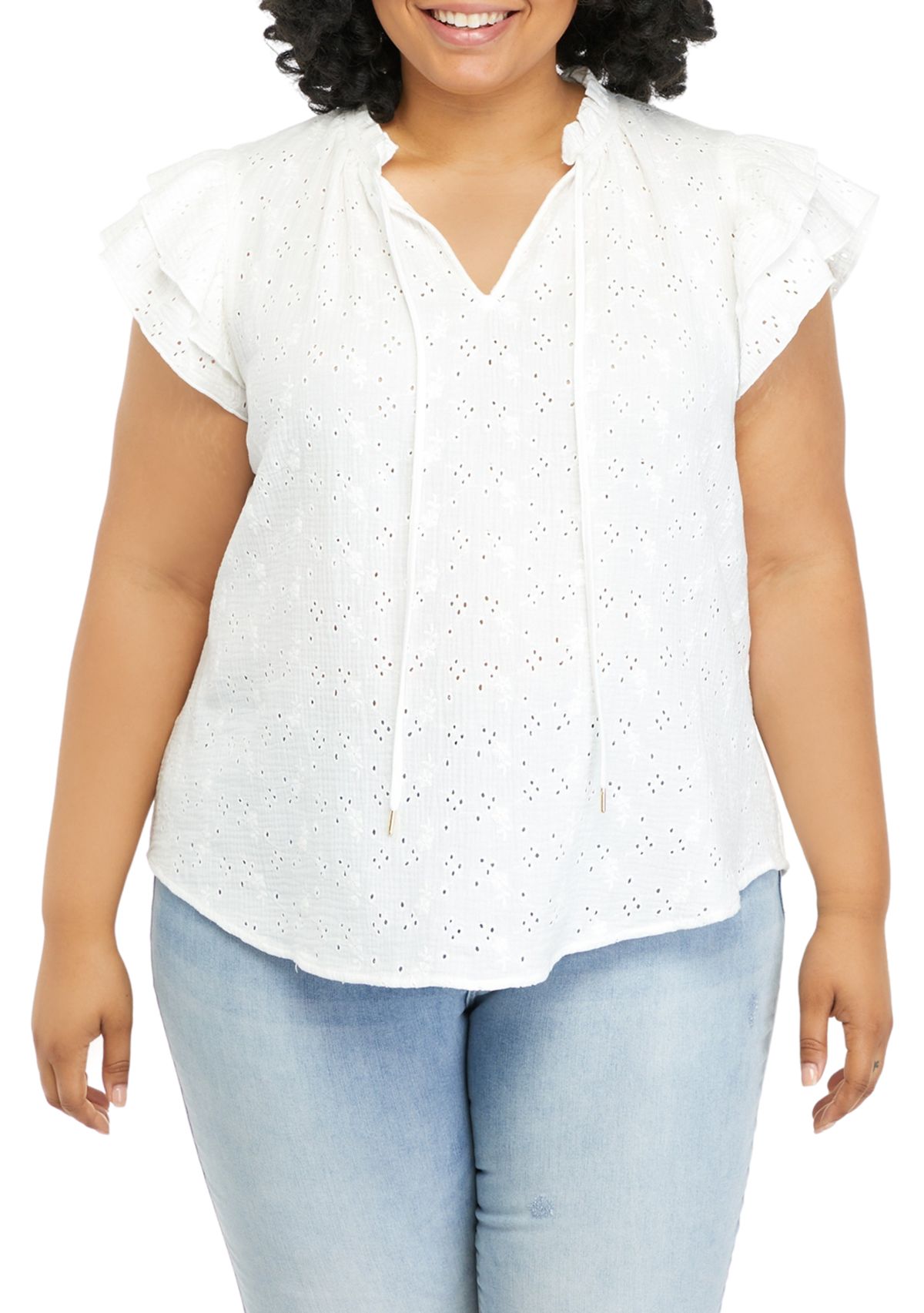 Plus Size Ruffle Sleeve Tie Front Blouse
