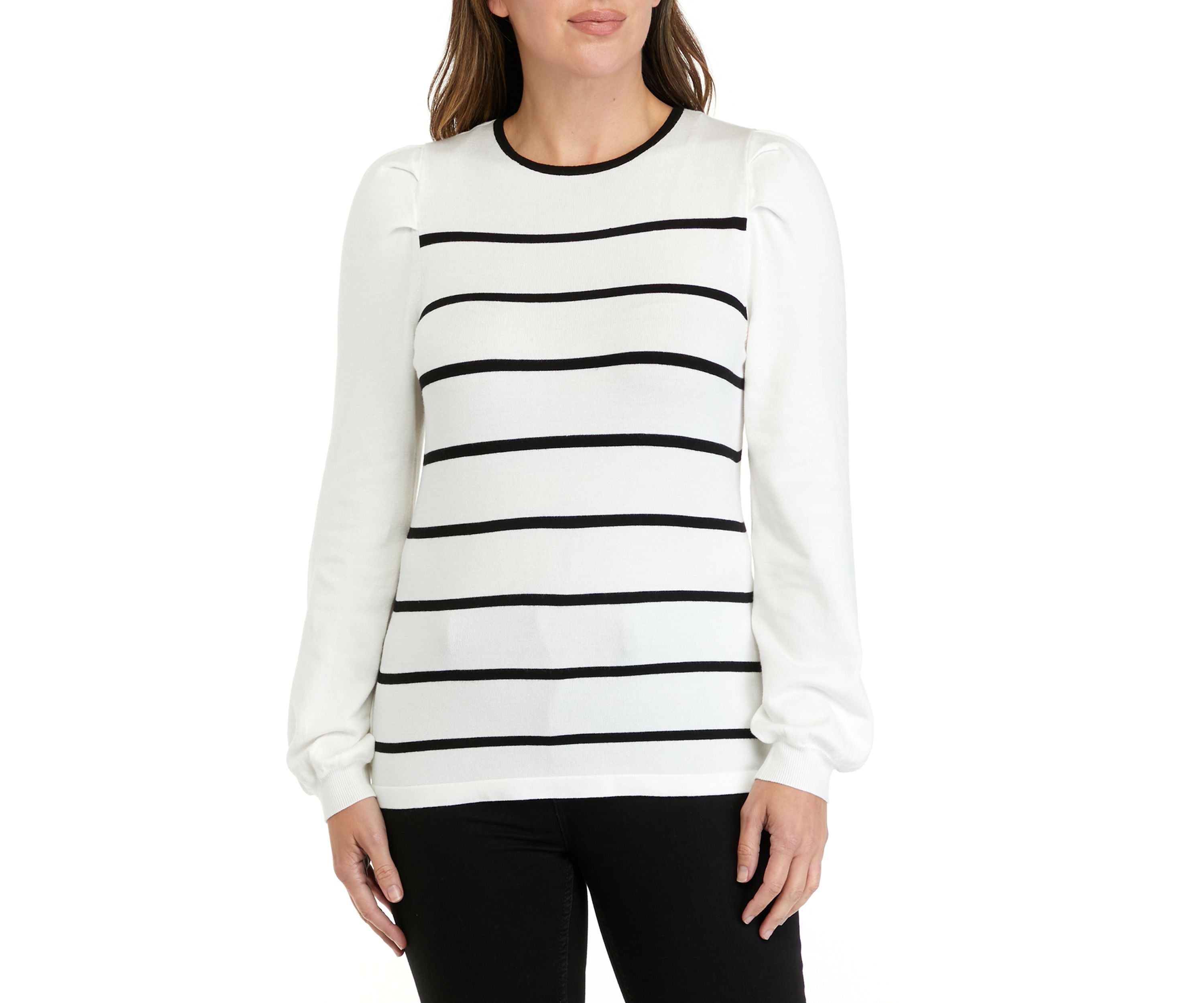 Womens Puff Sleeve Crew Neck Striped Sweater 