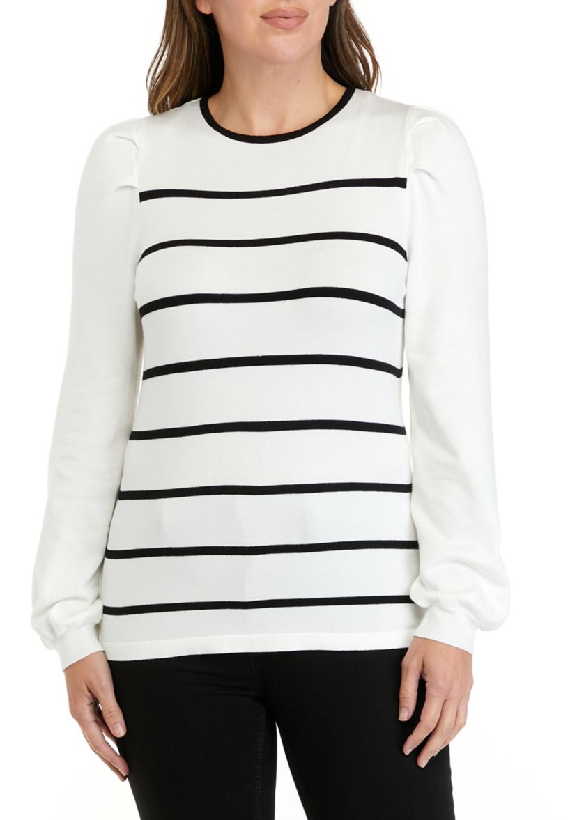 Womens Puff Sleeve Crew Neck Striped Sweater 