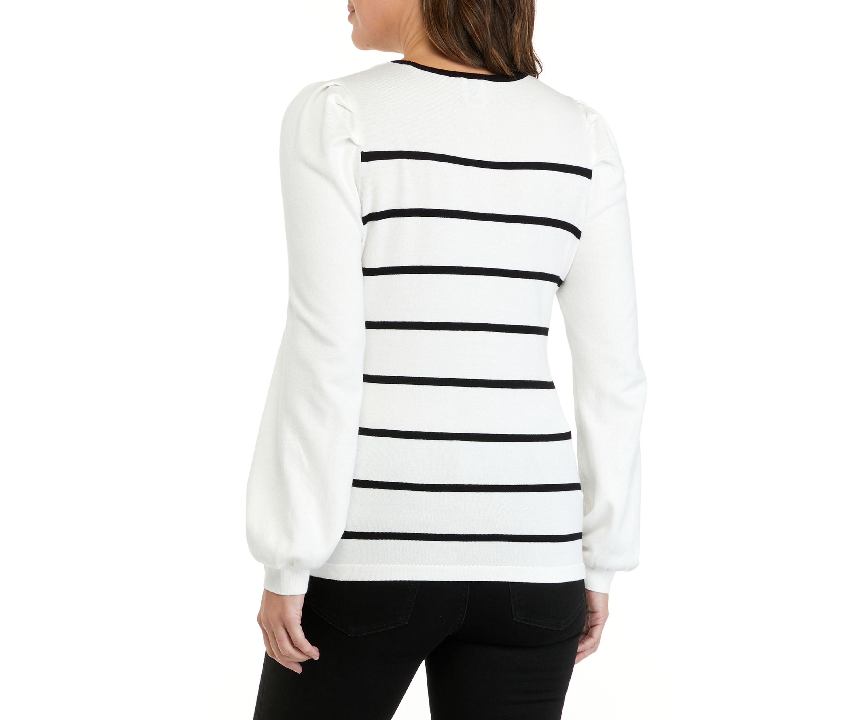 Womens Puff Sleeve Crew Neck Striped Sweater 