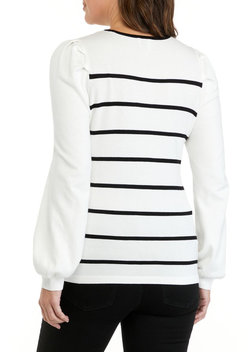 Womens Puff Sleeve Crew Neck Striped Sweater 