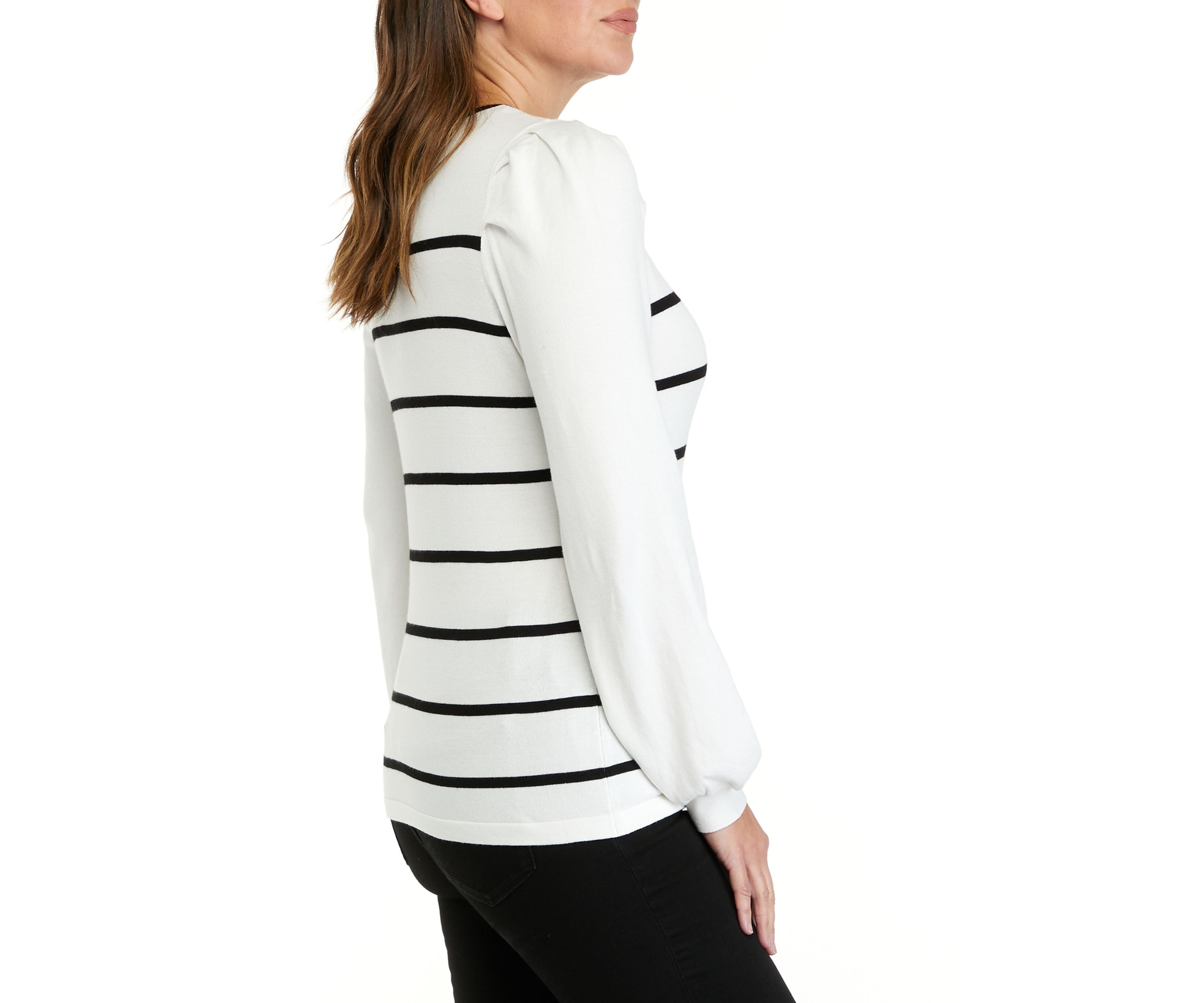 Womens Puff Sleeve Crew Neck Striped Sweater 
