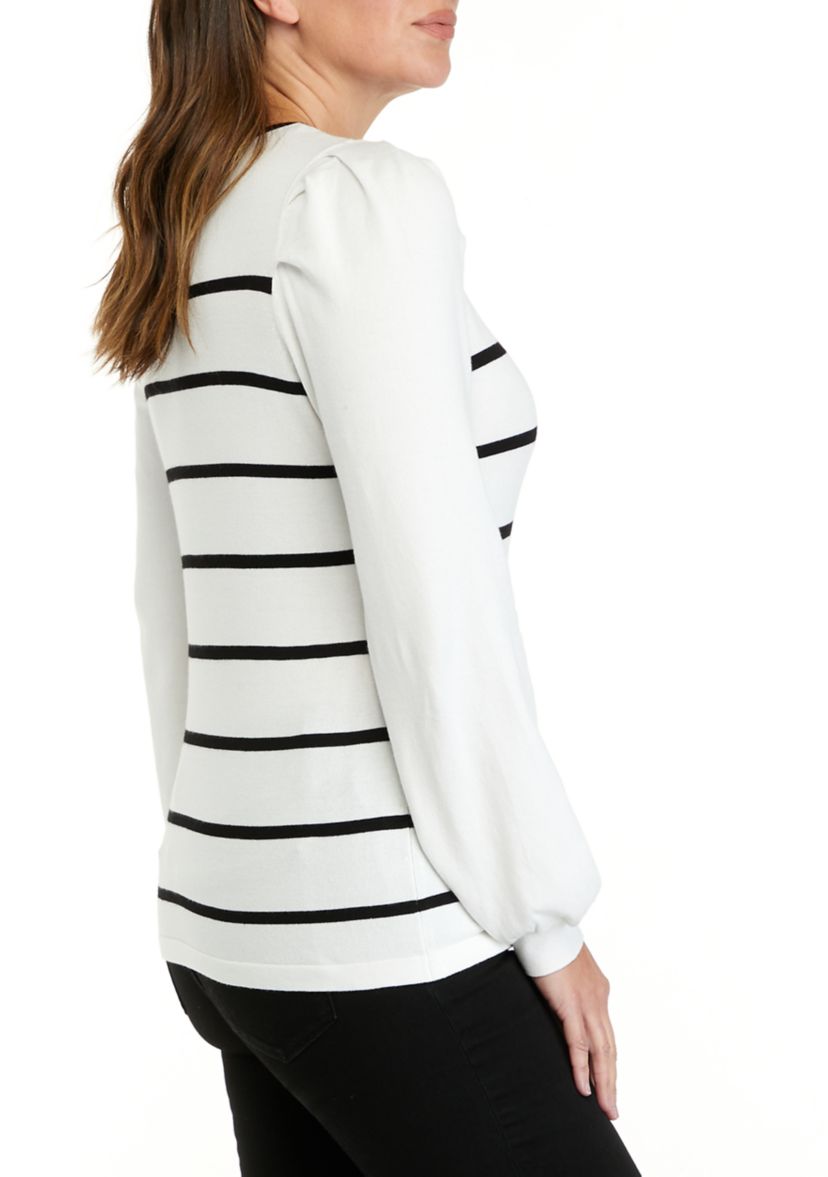 Womens Puff Sleeve Crew Neck Striped Sweater 
