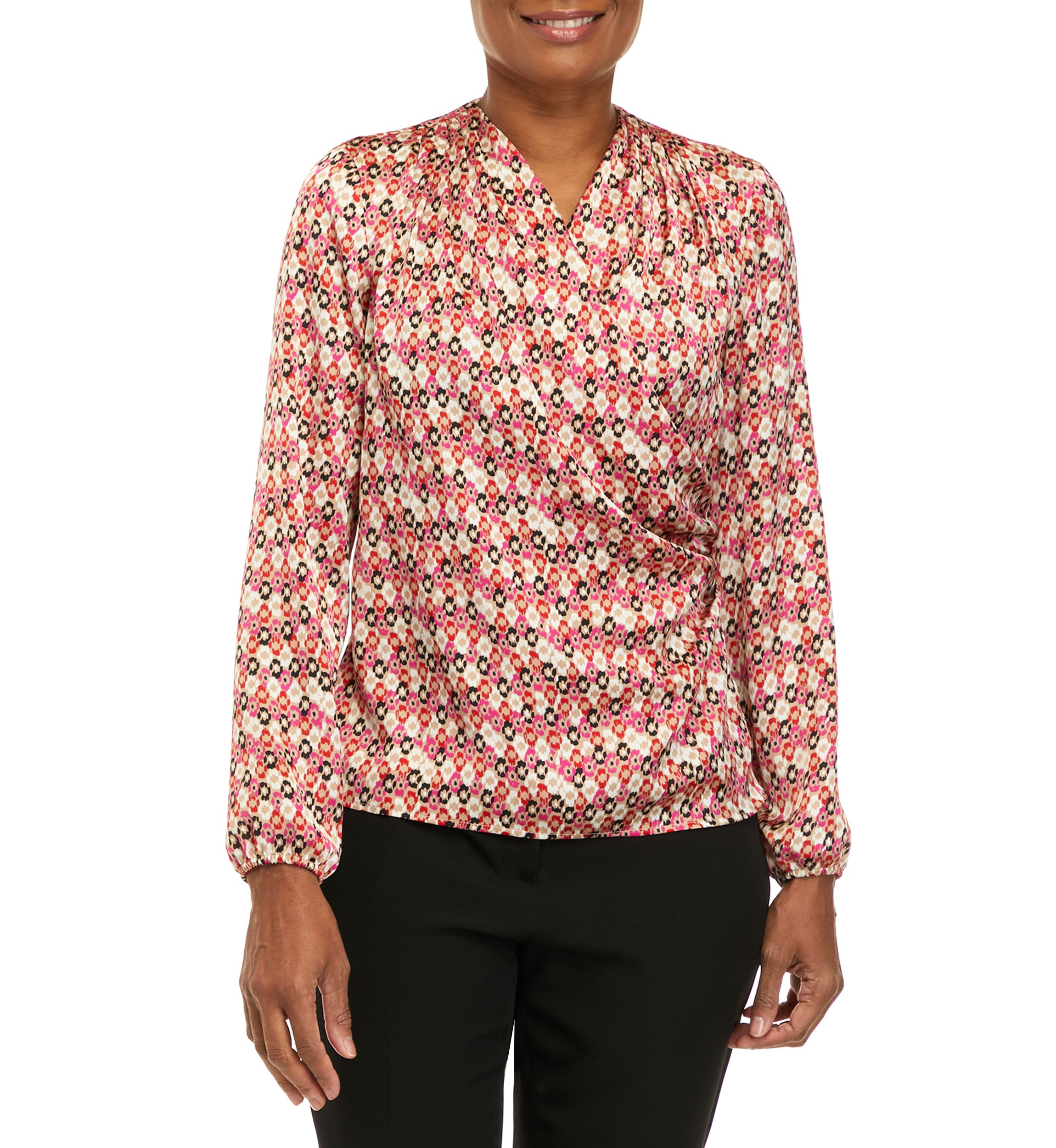 Long Sleeve Faux Wrap Draped Blouse