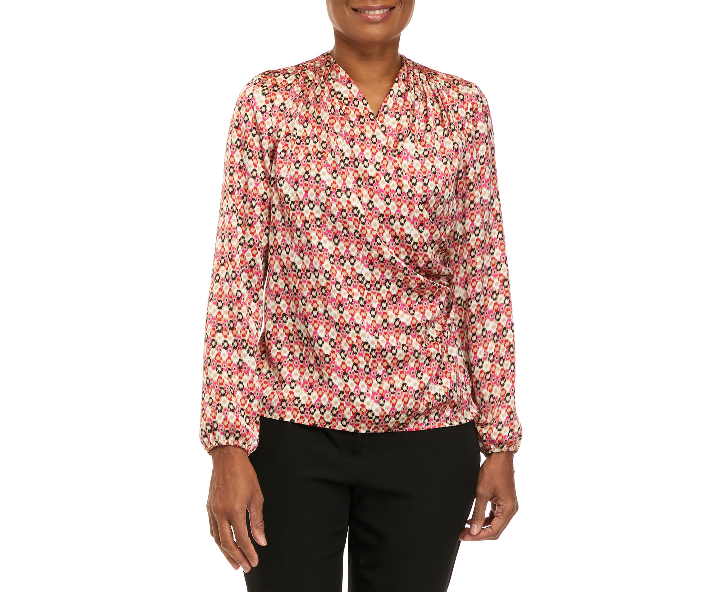 Long Sleeve Faux Wrap Draped Blouse