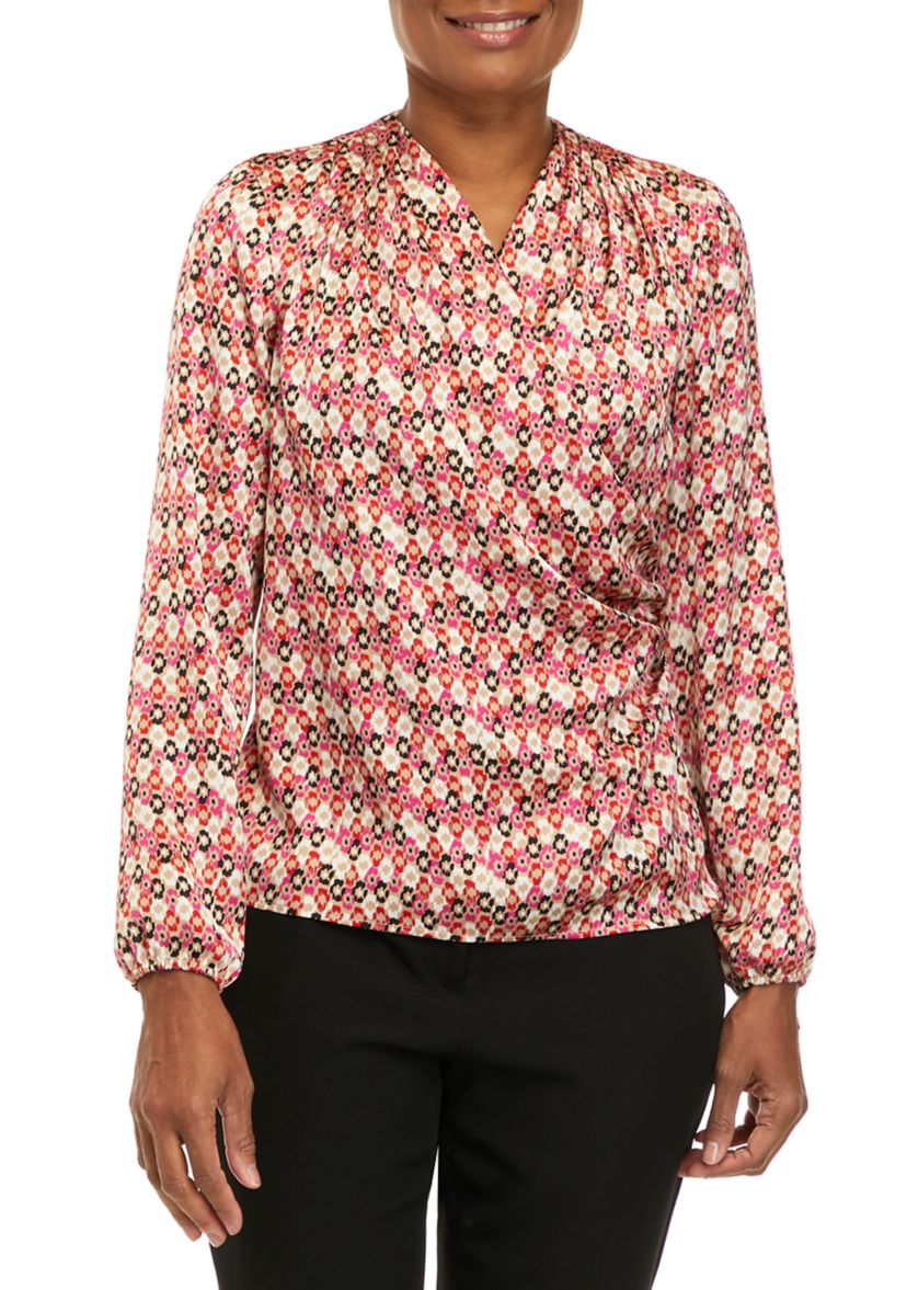 Long Sleeve Faux Wrap Draped Blouse