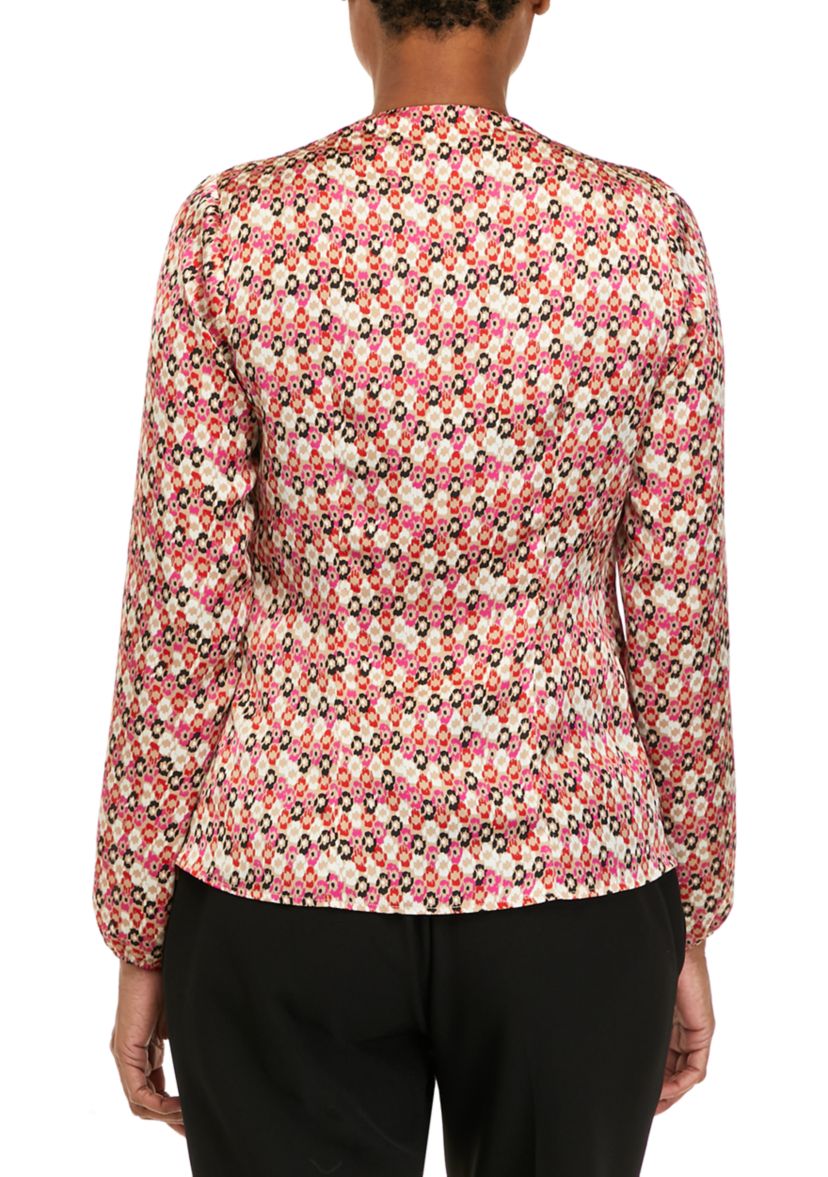 Long Sleeve Faux Wrap Draped Blouse