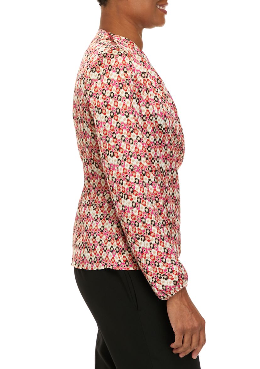 Long Sleeve Faux Wrap Draped Blouse
