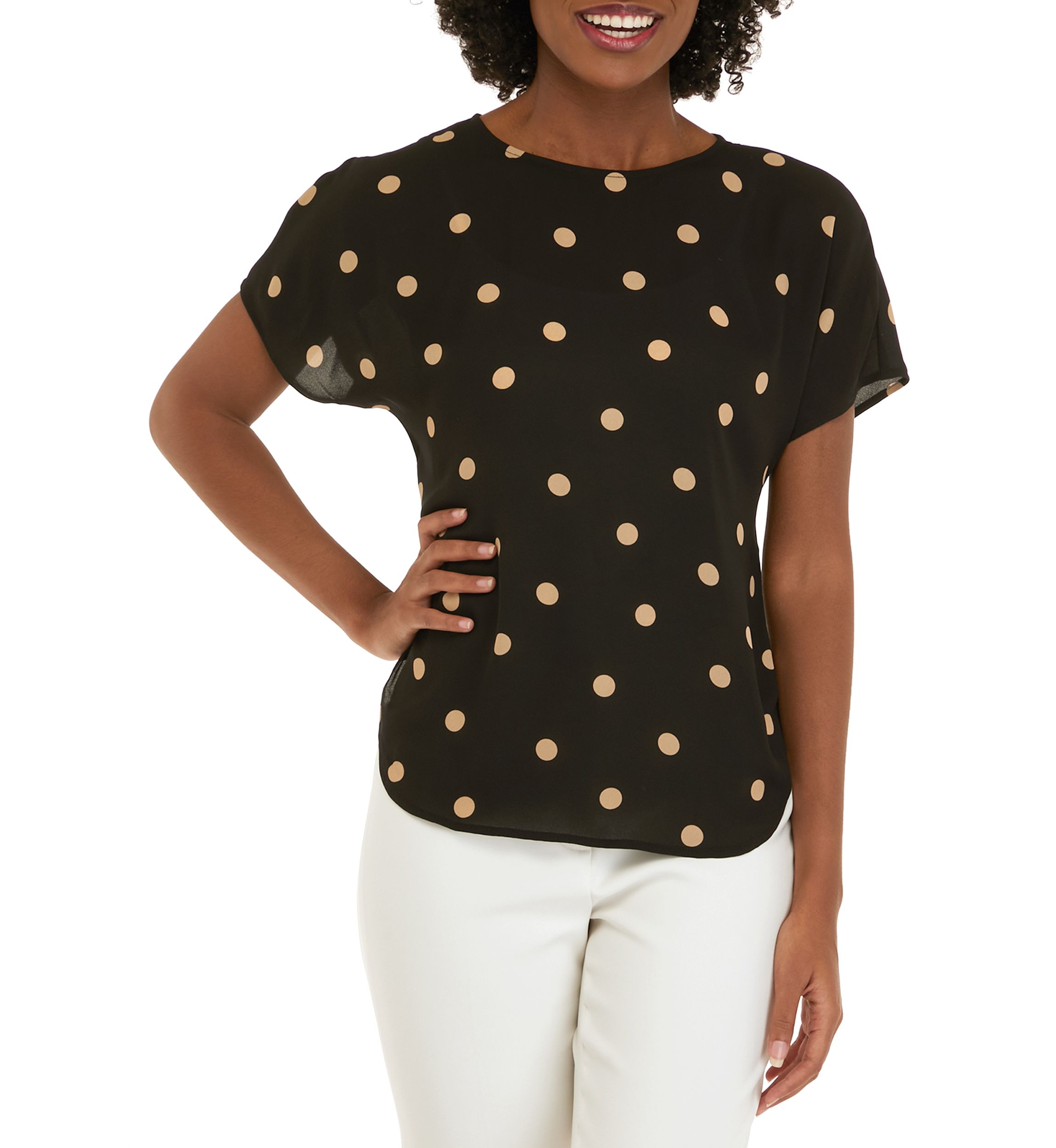Womens Large Dot Printed Boat Neck Blouse 