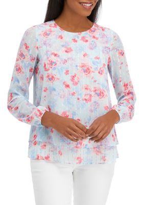Anne Klein Women's Long Sleeve Printed Double Layer Blouse with Elastic Cuff