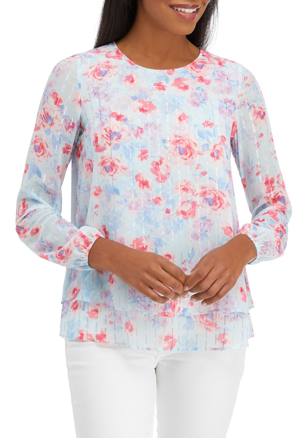 Womens Long Sleeve Printed Double Layer Blouse with Elastic Cuff
