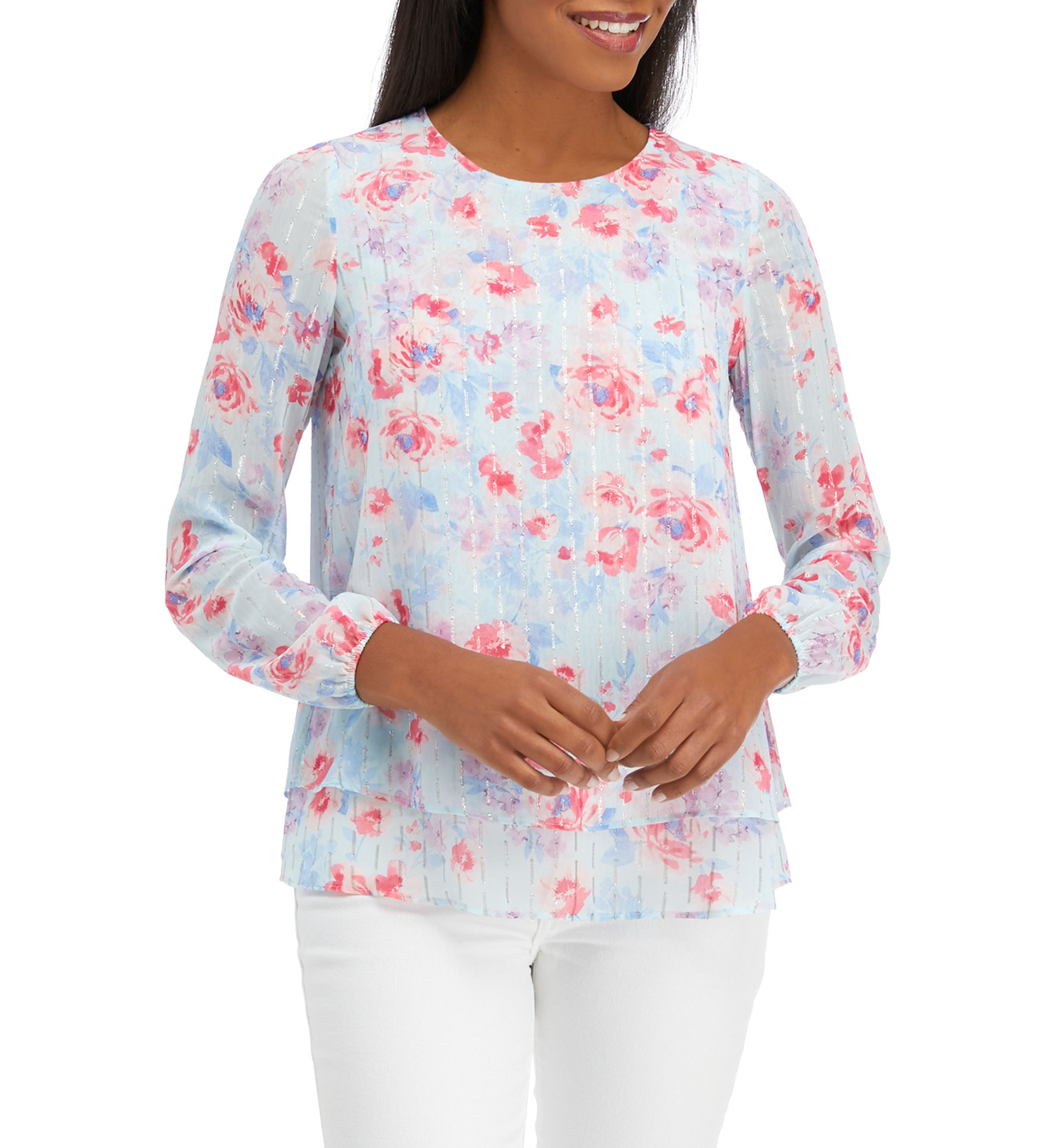 Womens Long Sleeve Printed Double Layer Blouse with Elastic Cuff