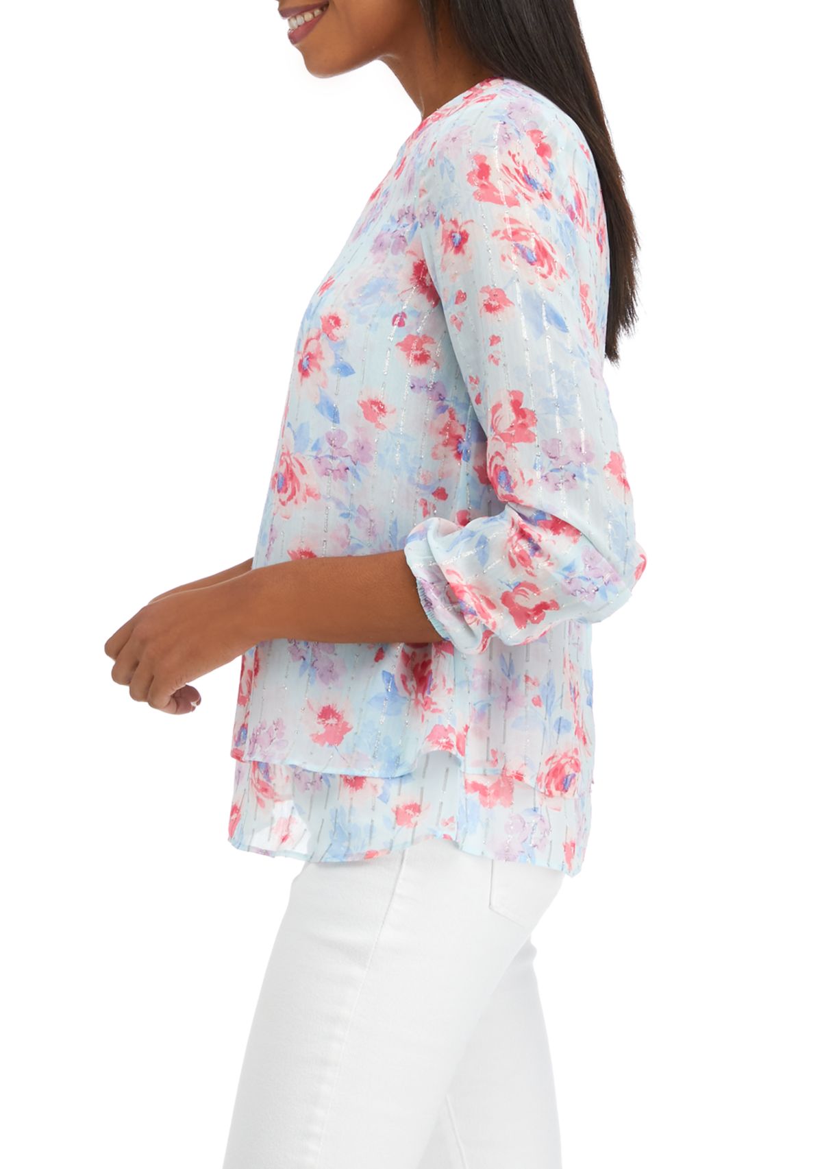 Womens Long Sleeve Printed Double Layer Blouse with Elastic Cuff