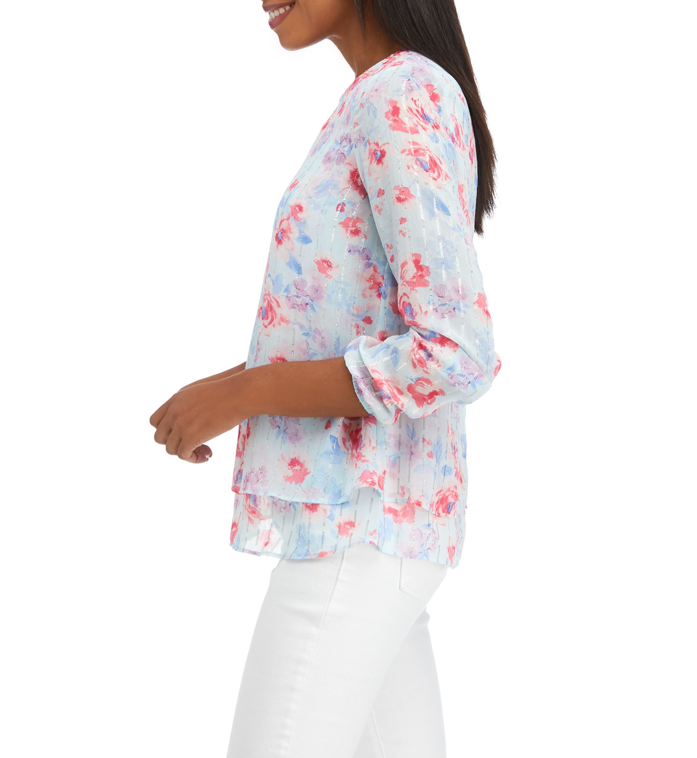 Womens Long Sleeve Printed Double Layer Blouse with Elastic Cuff