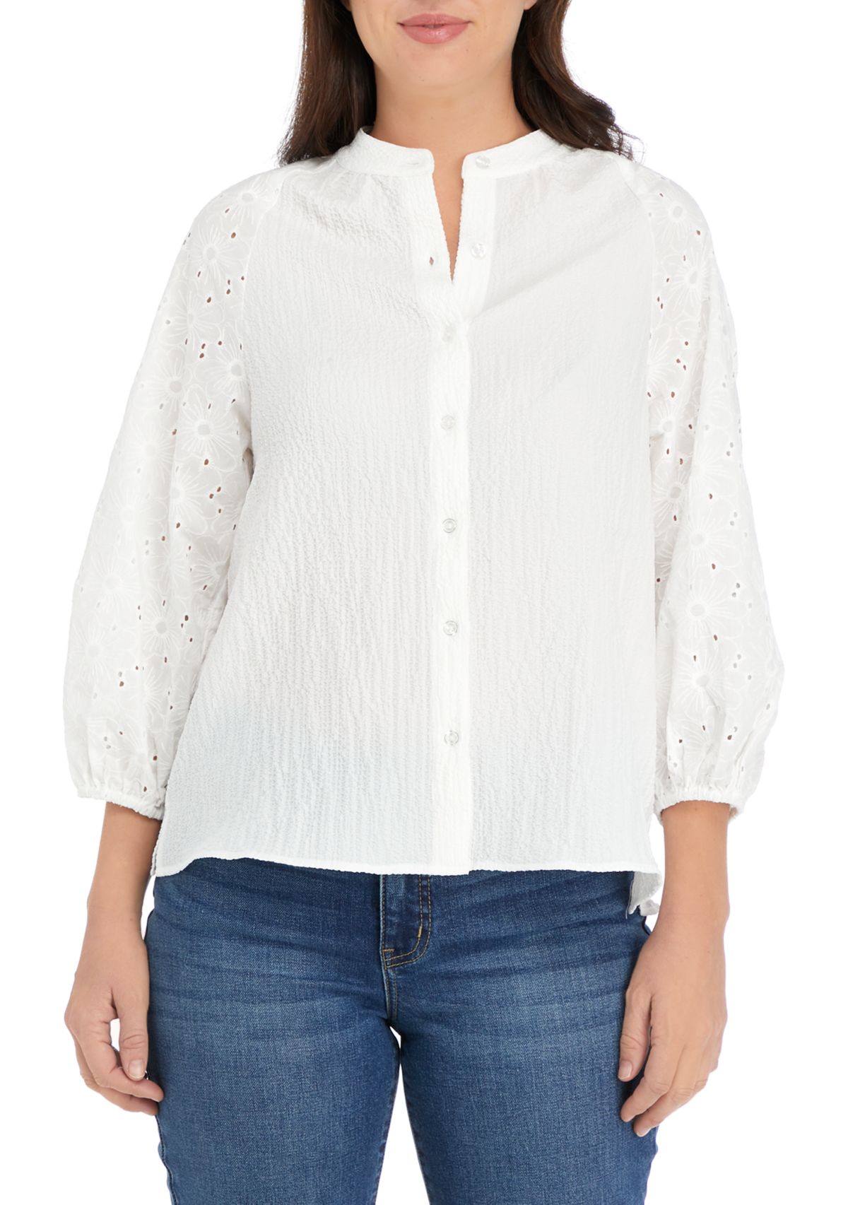 Womens 3/4 Sleeve Mixed Fabric Button Down Blouse