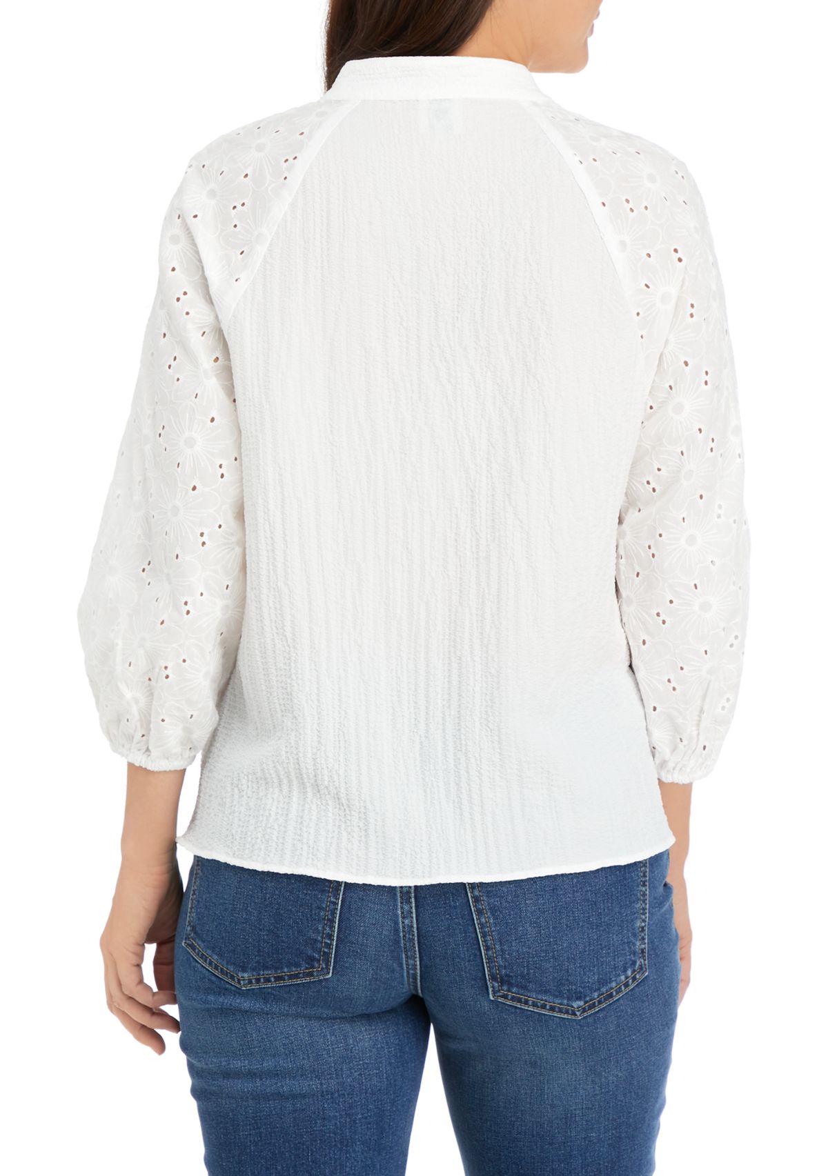 Womens 3/4 Sleeve Mixed Fabric Button Down Blouse