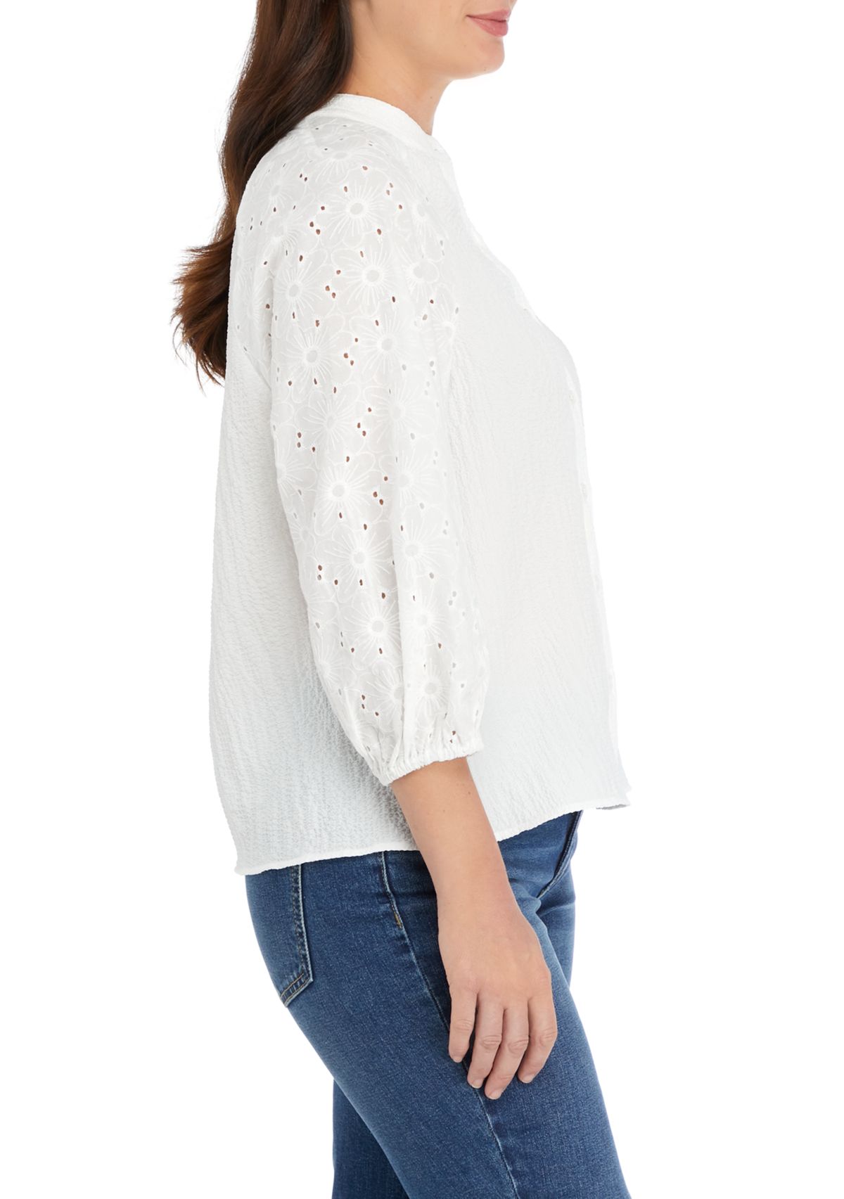 Womens 3/4 Sleeve Mixed Fabric Button Down Blouse