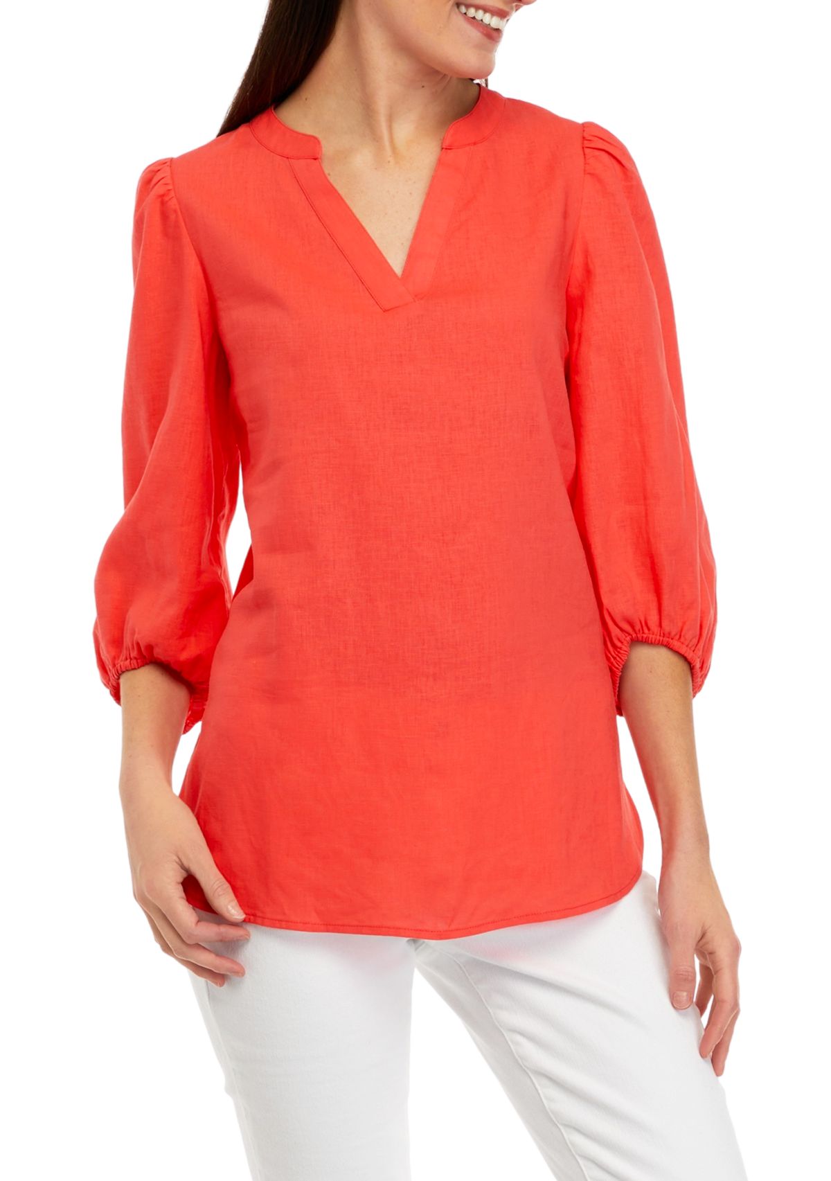 Womens 3/4 Sleeve Split Neck Blouse with Puff Sleeves