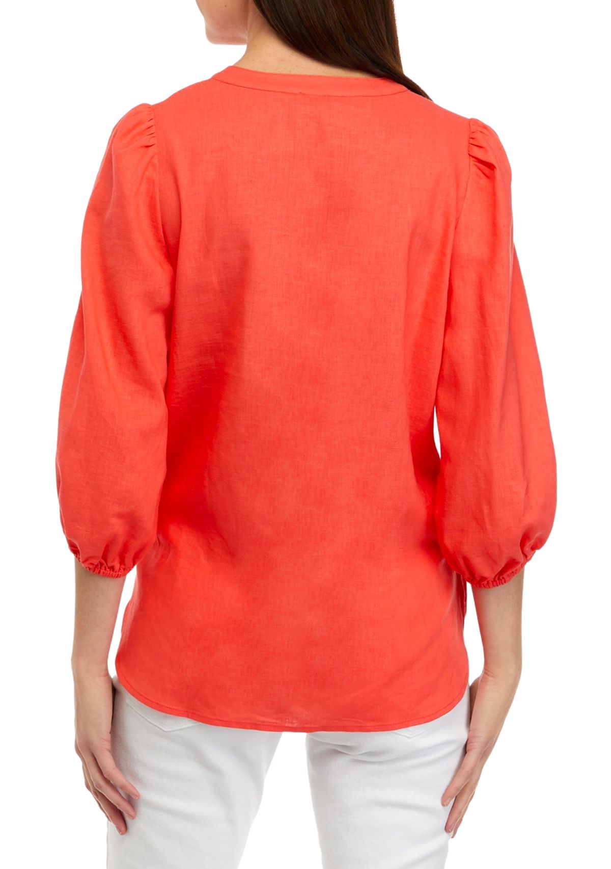 Womens 3/4 Sleeve Split Neck Blouse with Puff Sleeves