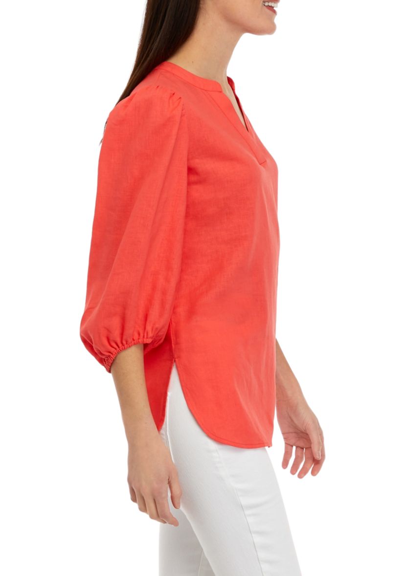 Womens 3/4 Sleeve Split Neck Blouse with Puff Sleeves