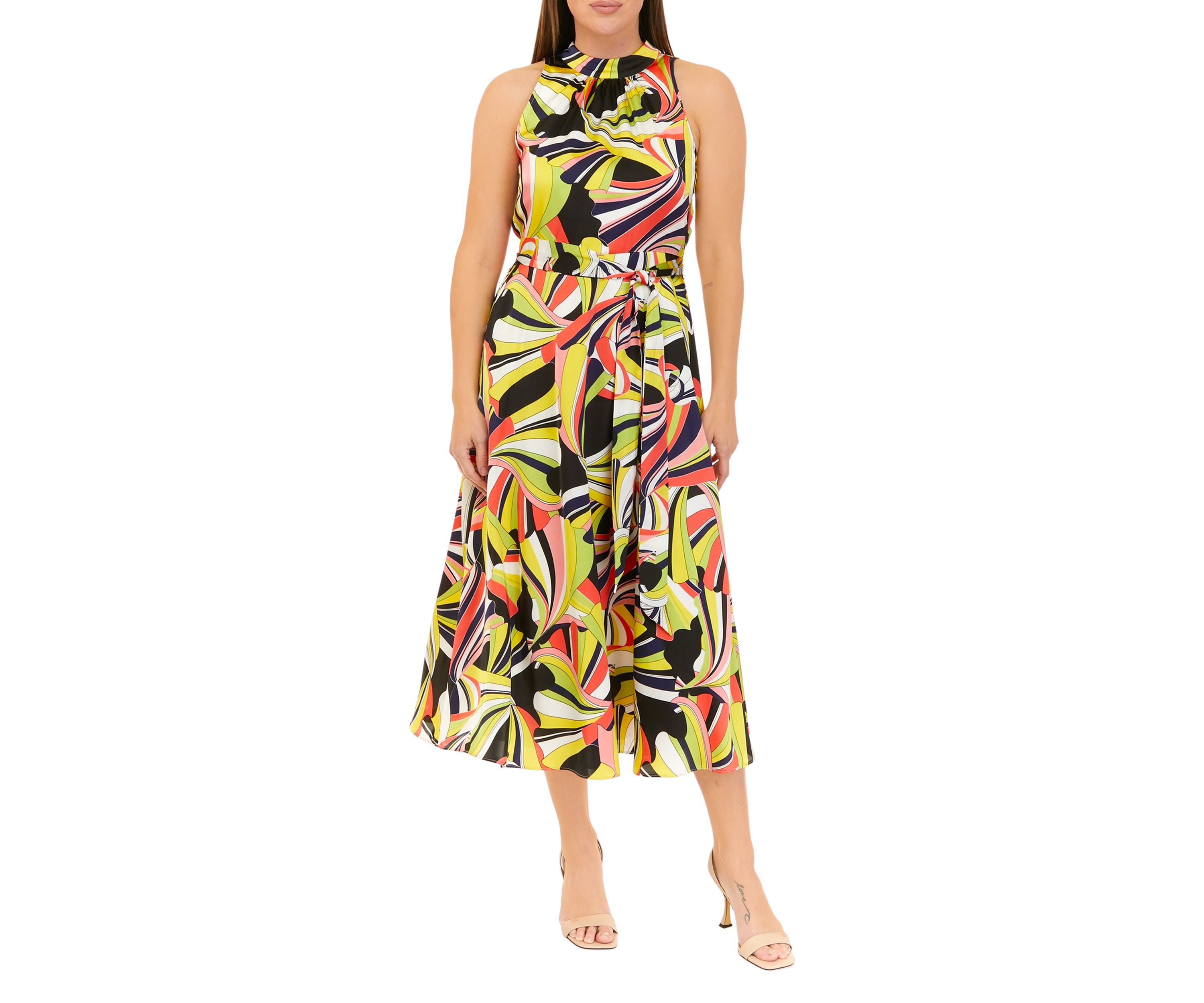 Womens Sleeveless Tie Neck Halter Printed Midi Dress