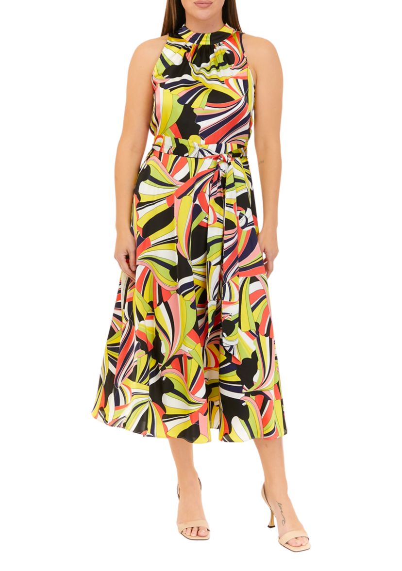 Womens Sleeveless Tie Neck Halter Printed Midi Dress