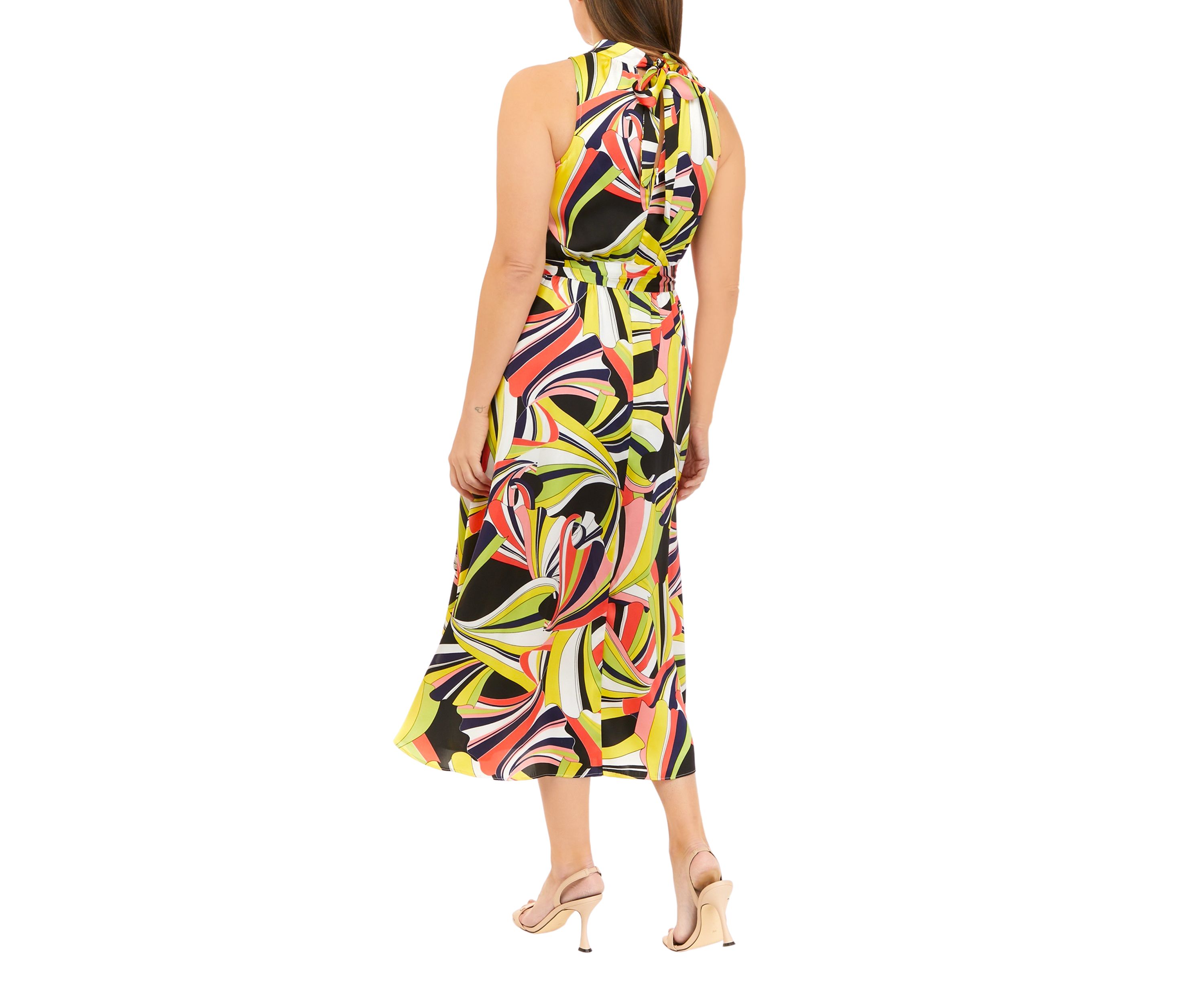 Womens Sleeveless Tie Neck Halter Printed Midi Dress