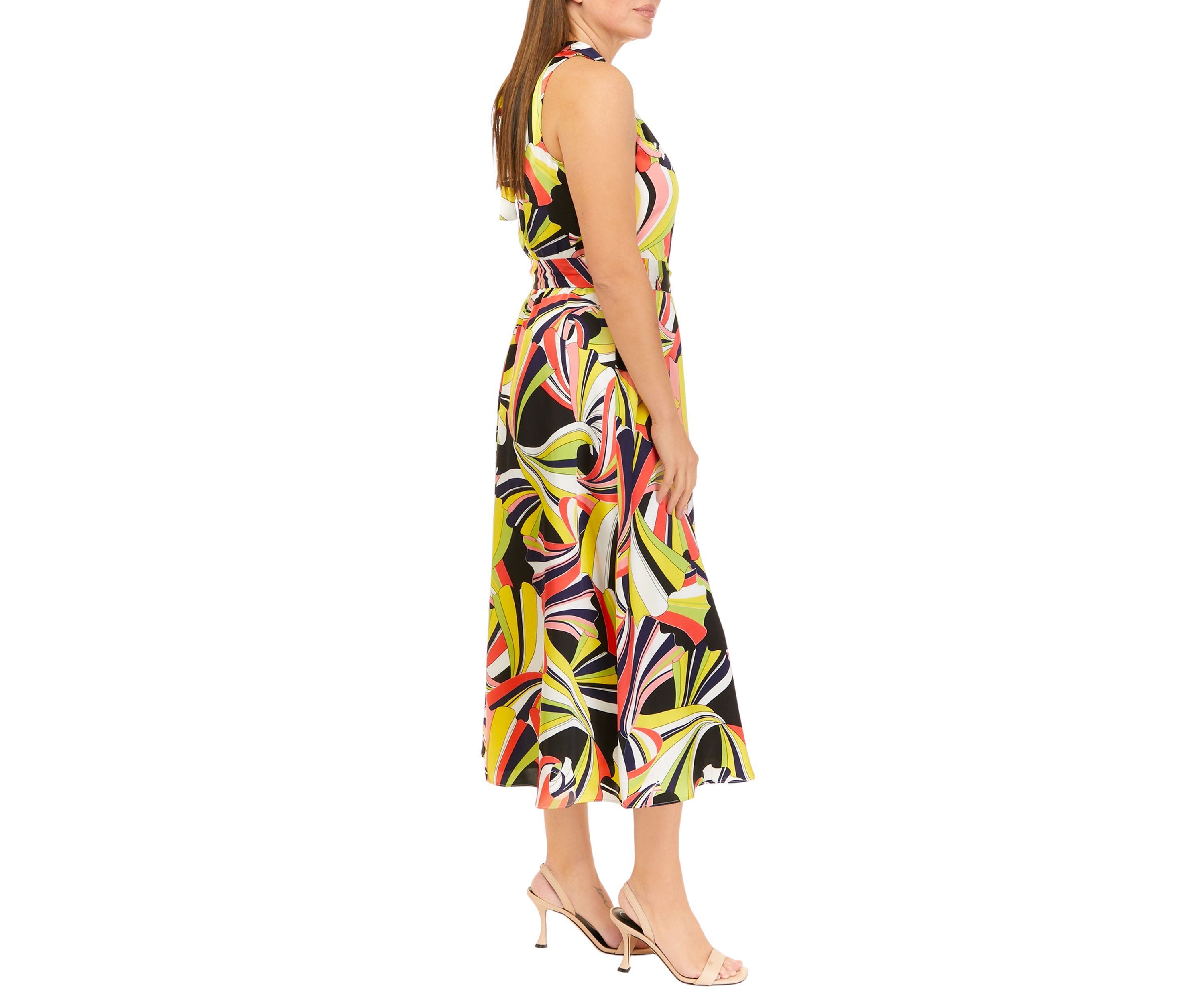 Womens Sleeveless Tie Neck Halter Printed Midi Dress