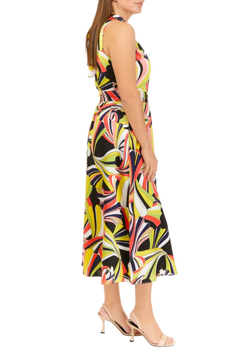 Womens Sleeveless Tie Neck Halter Printed Midi Dress