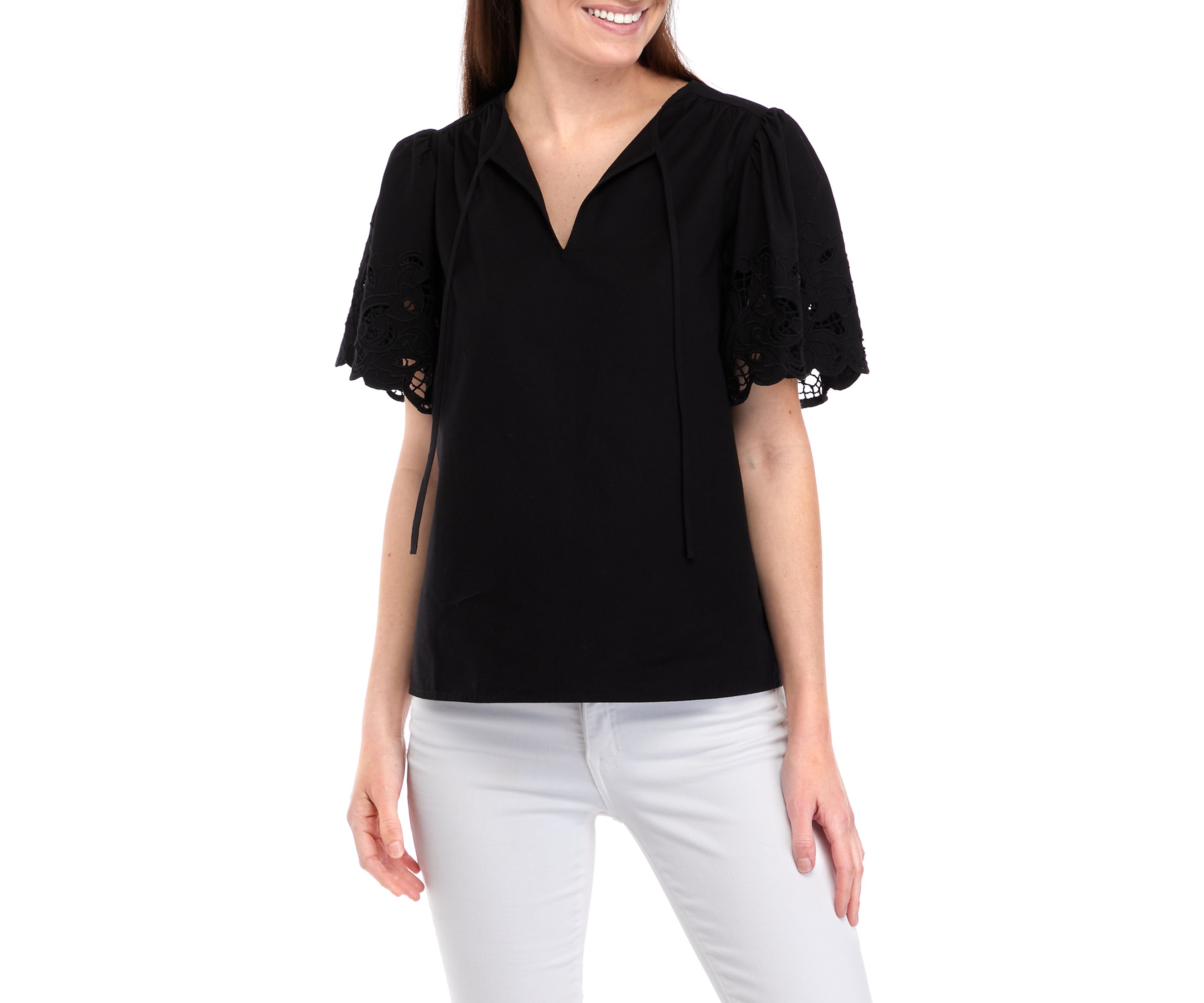 Womens Short Flutter Sleeve Embroidered Blouse