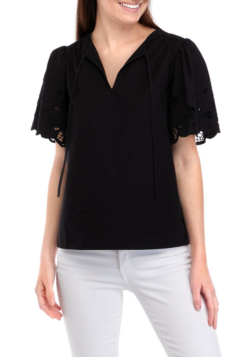 Womens Short Flutter Sleeve Embroidered Blouse