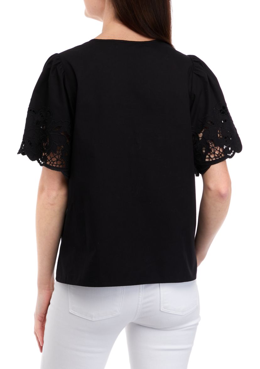 Womens Short Flutter Sleeve Embroidered Blouse