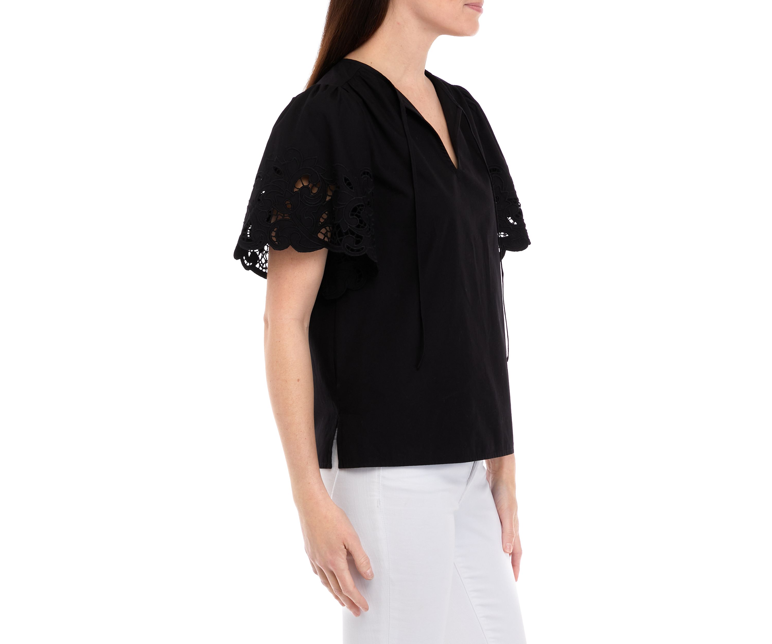 Womens Short Flutter Sleeve Embroidered Blouse