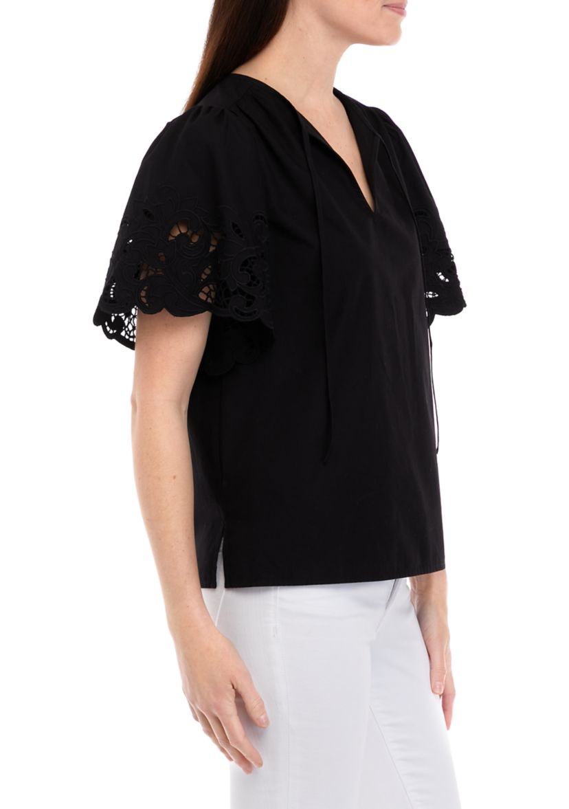 Womens Short Flutter Sleeve Embroidered Blouse