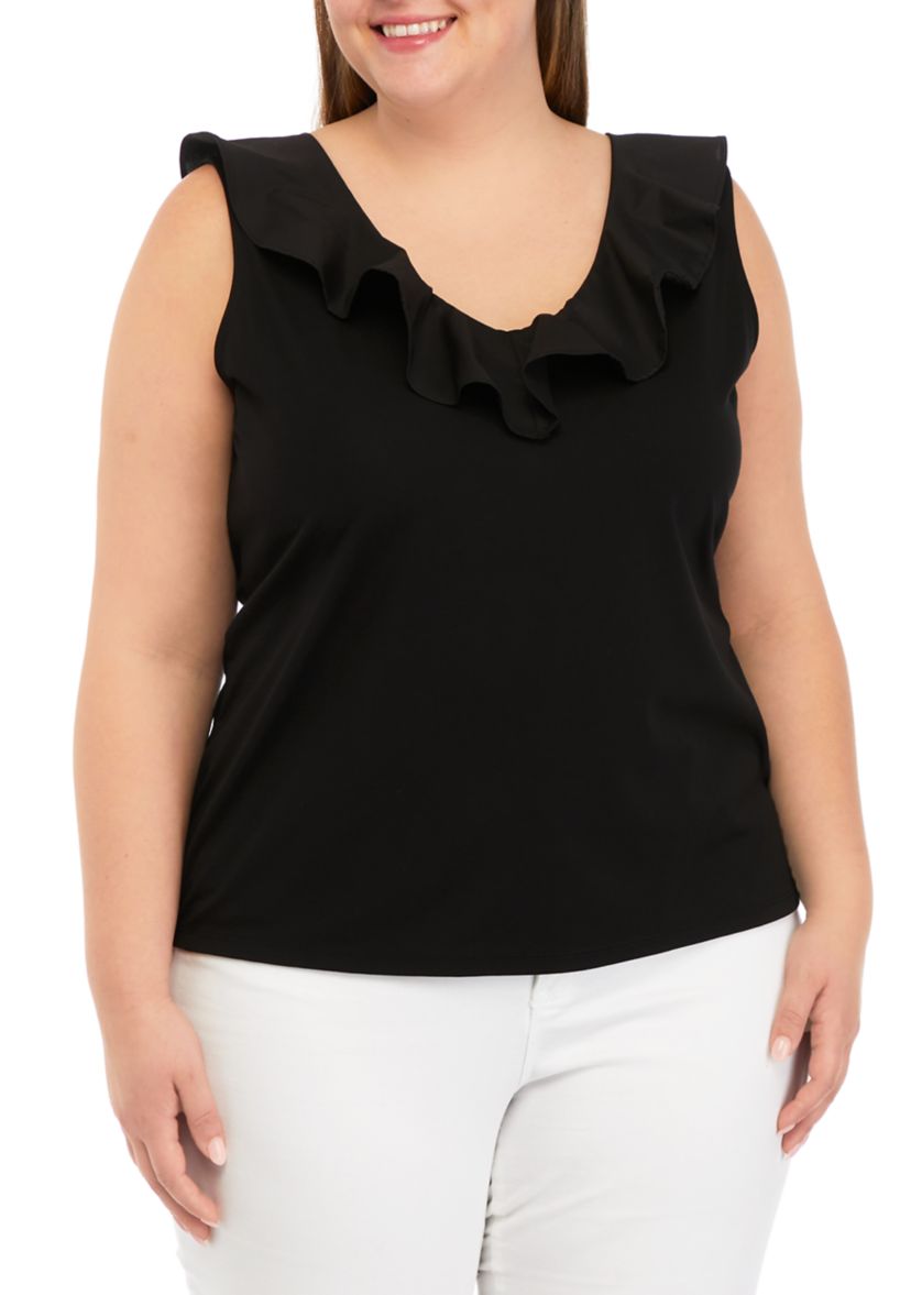 Plus Size Harmony with Woven Combo Double V-Neck Flounce Top