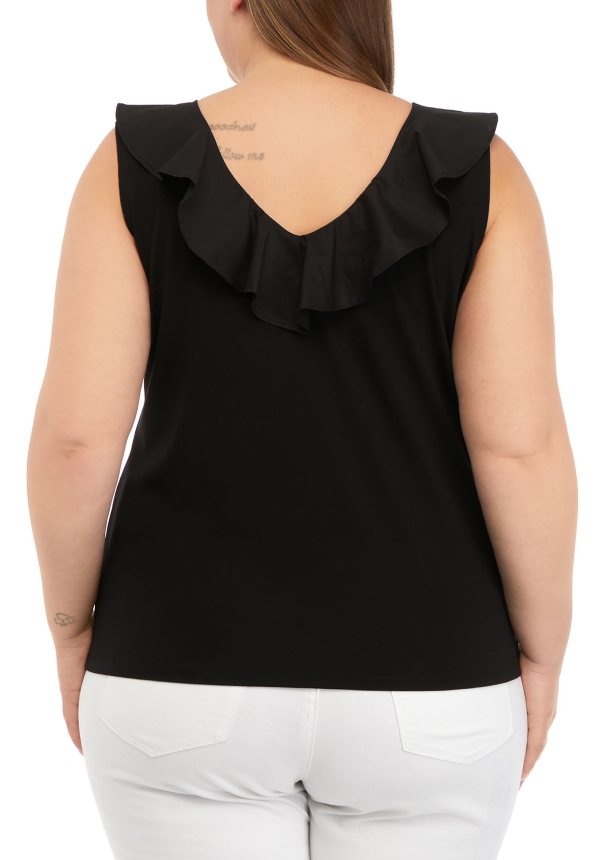 Plus Size Harmony with Woven Combo Double V-Neck Flounce Top