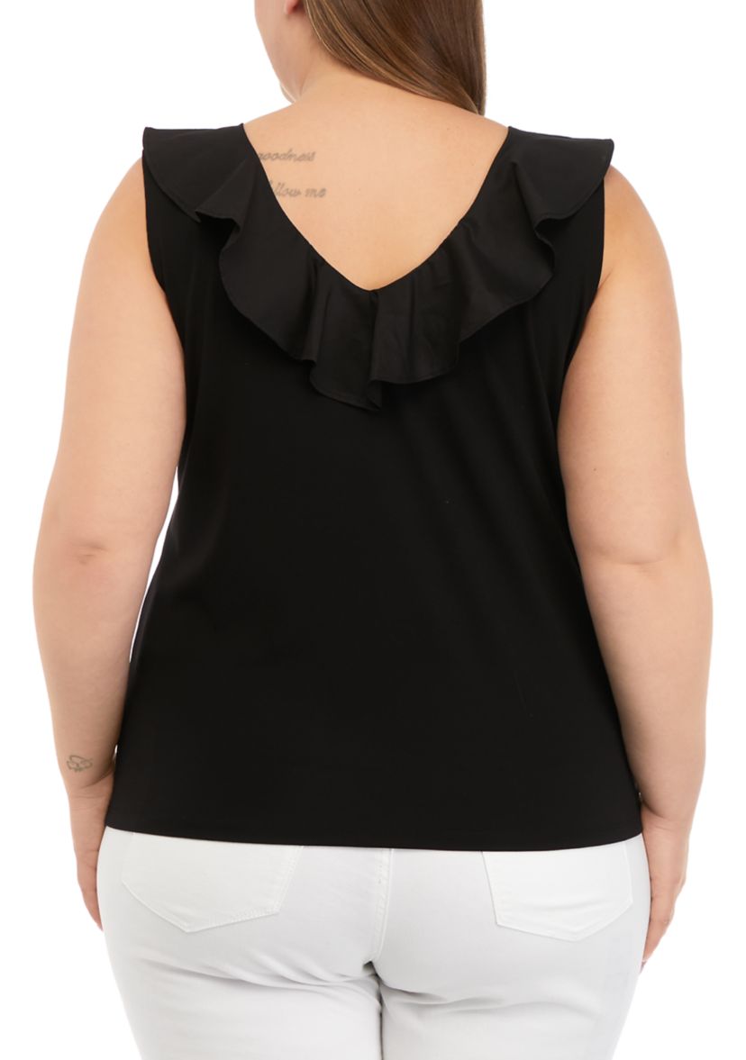 Plus Size Harmony with Woven Combo Double V-Neck Flounce Top