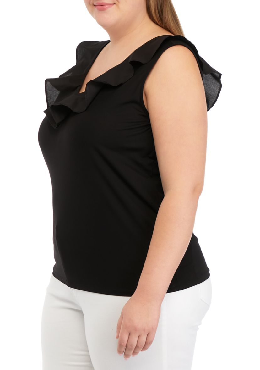Plus Size Harmony with Woven Combo Double V-Neck Flounce Top