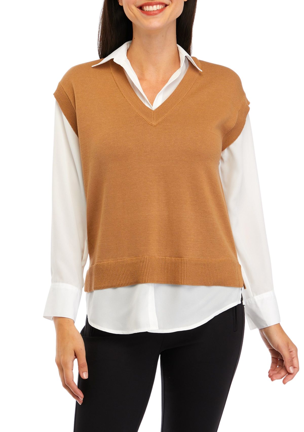 Petite V-Neck 2Fer Sweater 