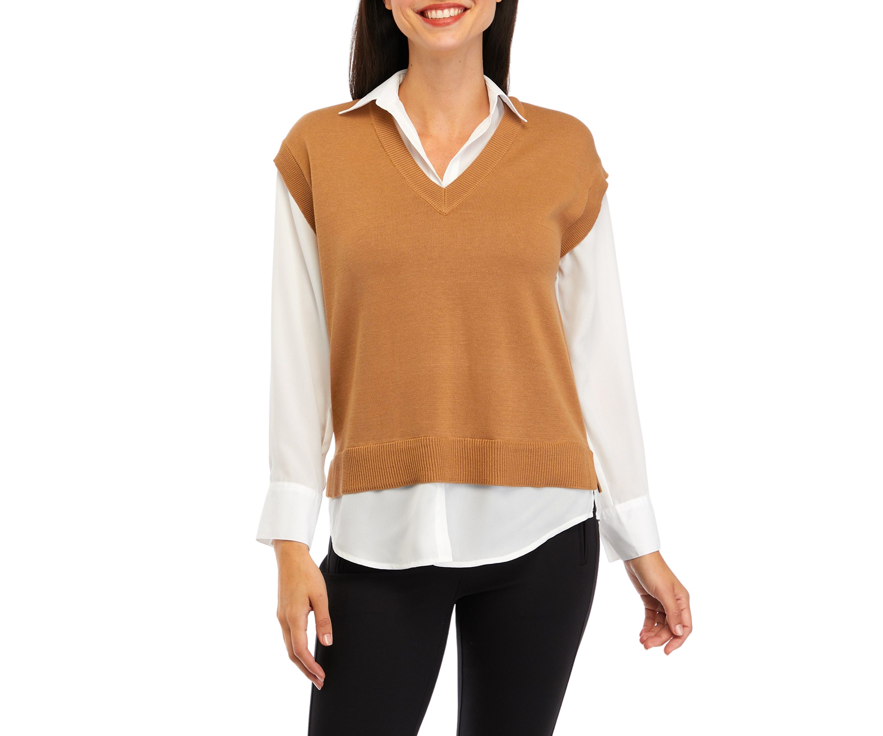 Petite V-Neck 2Fer Sweater 