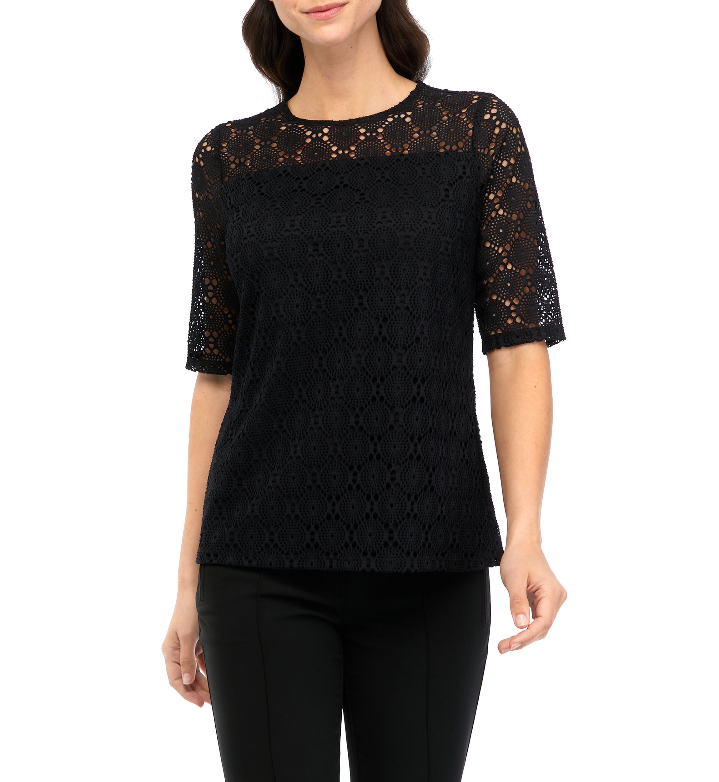 Cutout Lace Elbow Sleeve T-Shirt