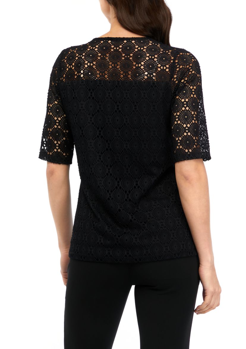 Cutout Lace Elbow Sleeve T-Shirt