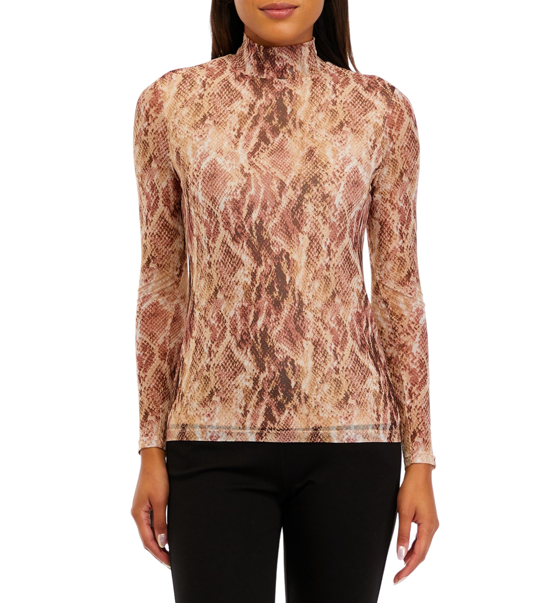 Womens Printed Mesh Long Sleeve Zip Back Mock Neck Top