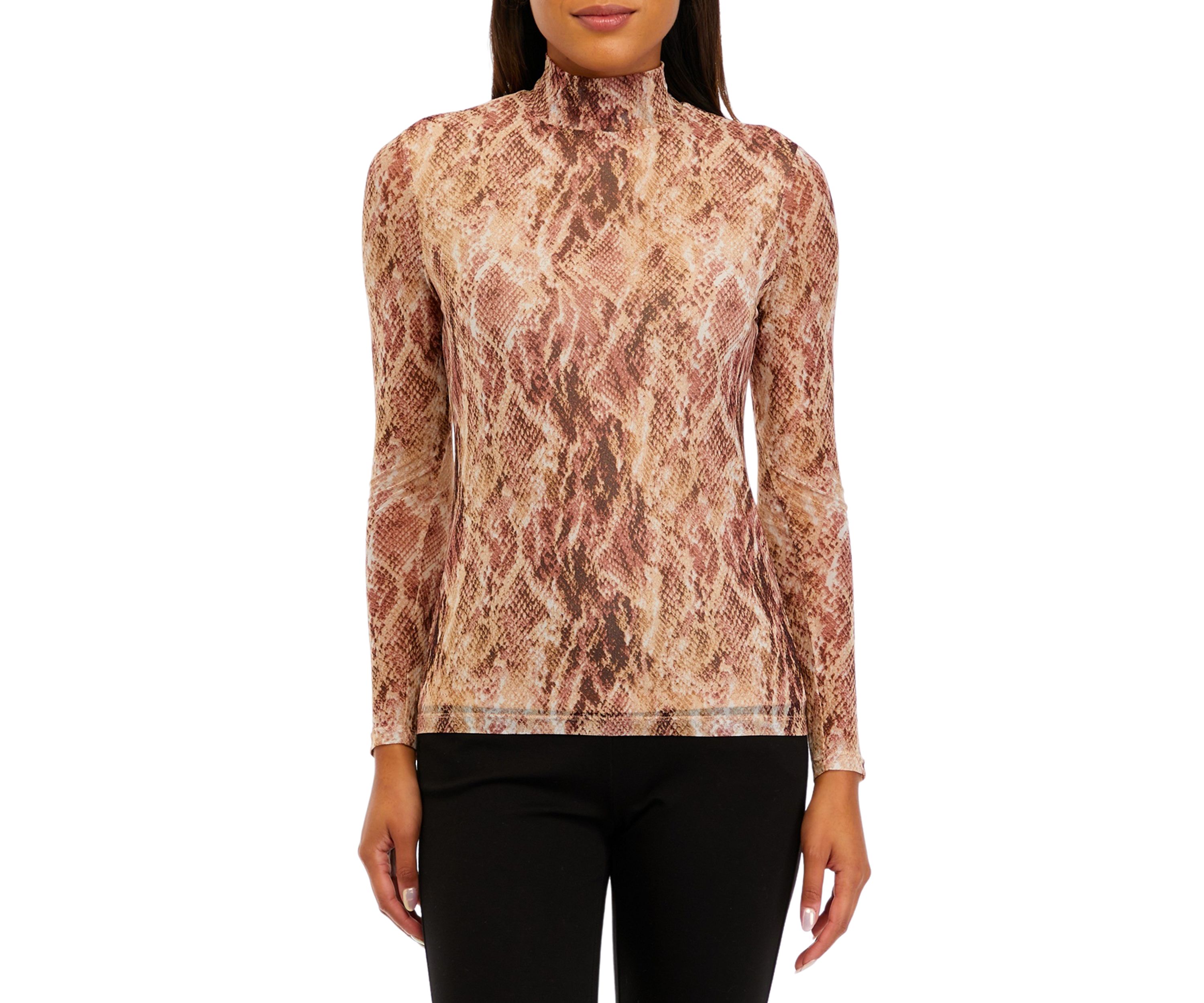 Womens Printed Mesh Long Sleeve Zip Back Mock Neck Top