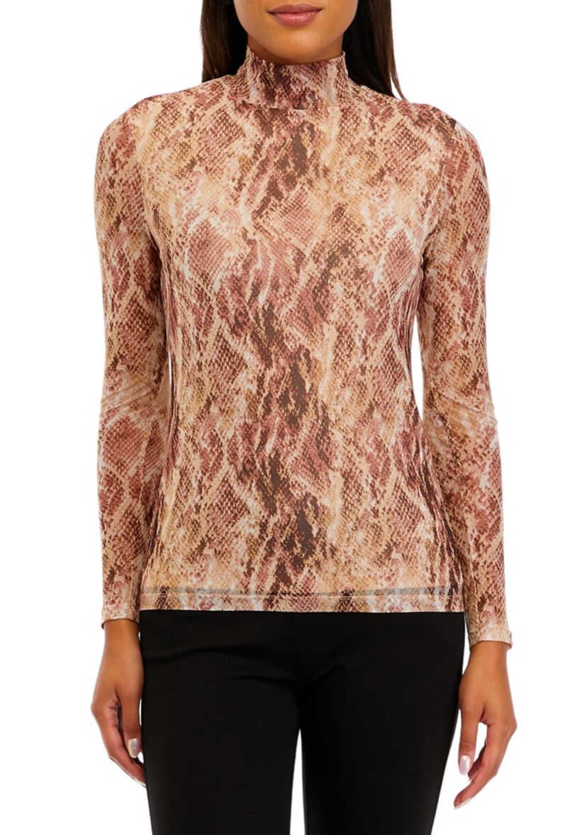 Womens Printed Mesh Long Sleeve Zip Back Mock Neck Top