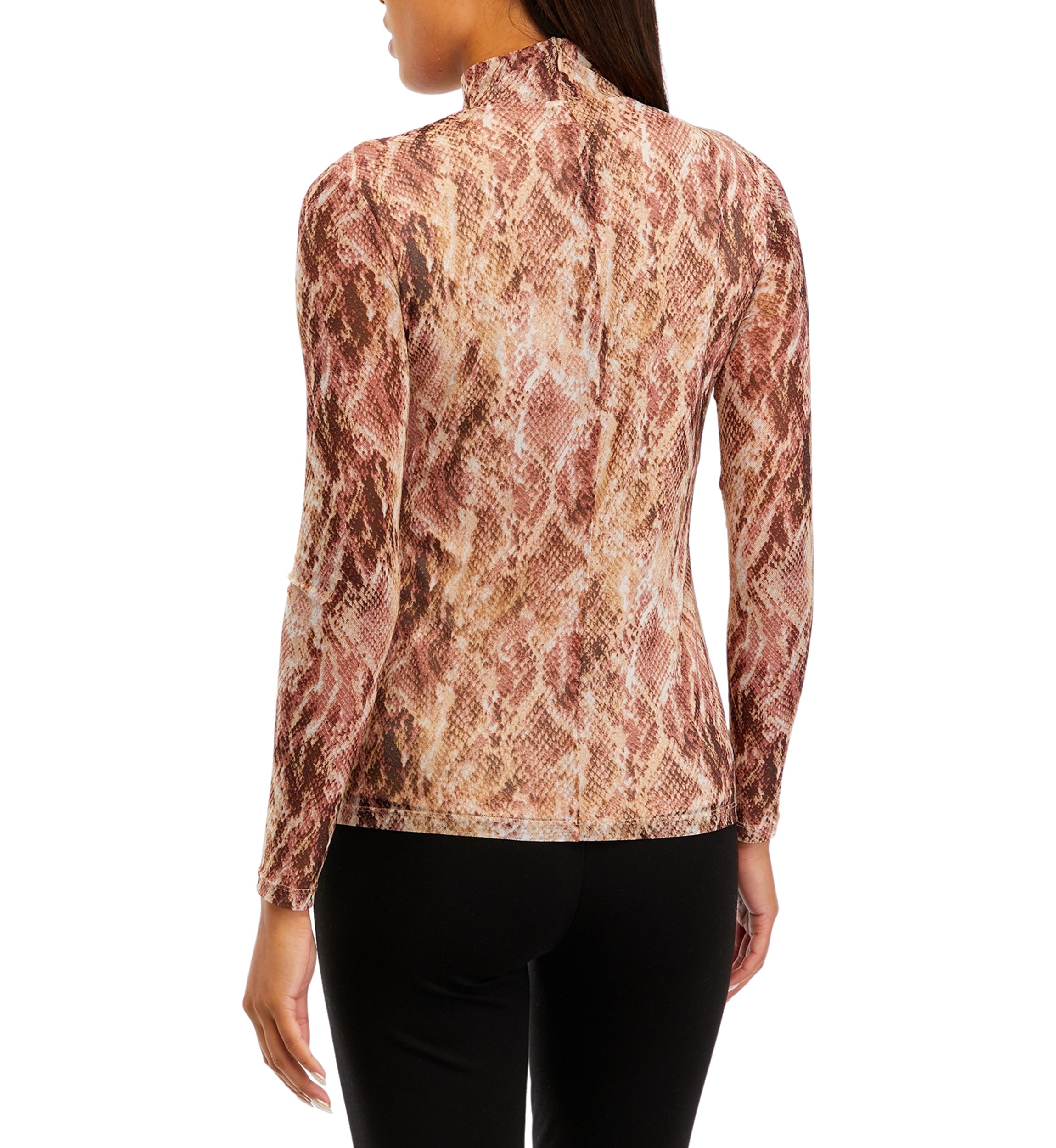 Womens Printed Mesh Long Sleeve Zip Back Mock Neck Top