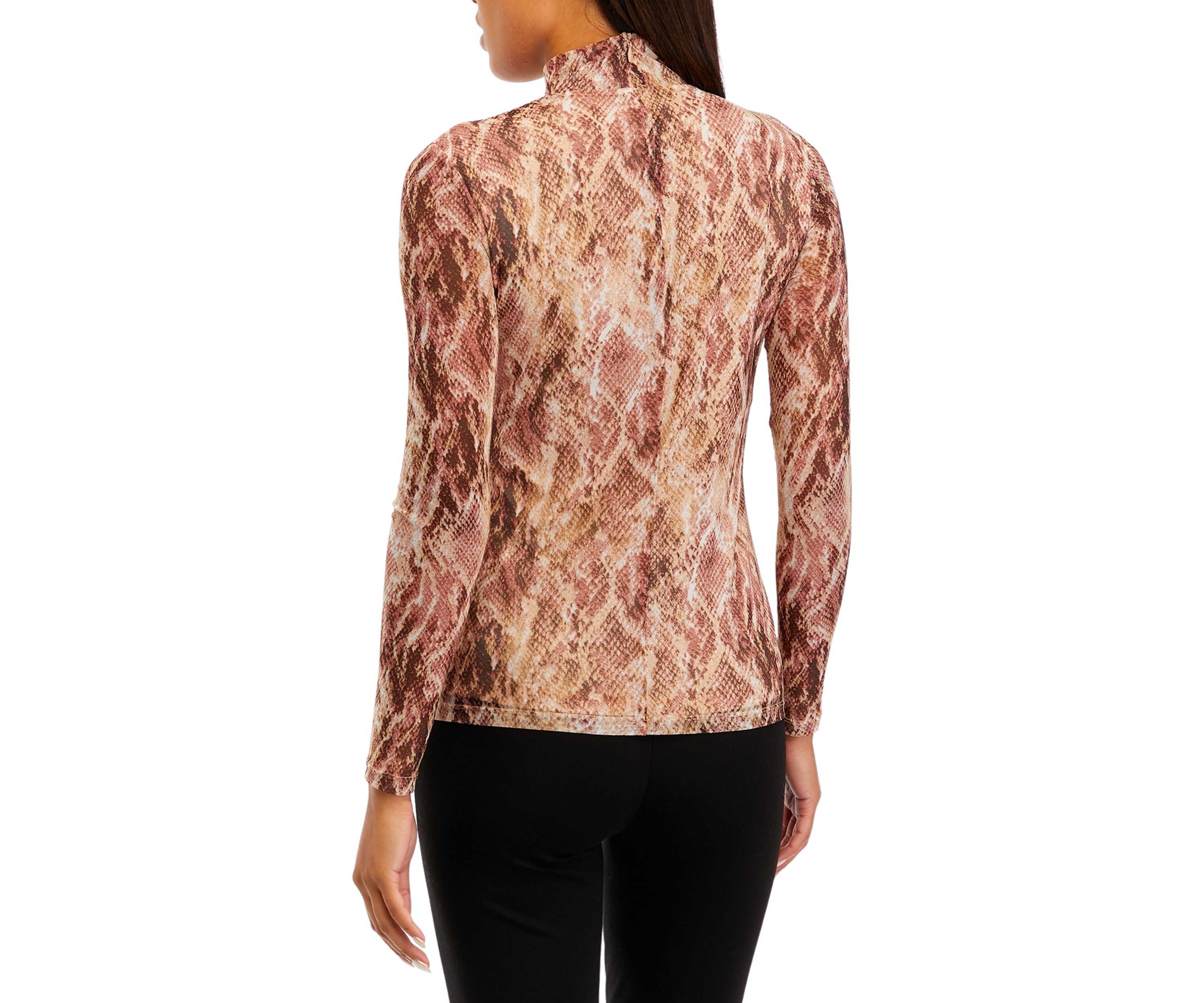 Womens Printed Mesh Long Sleeve Zip Back Mock Neck Top