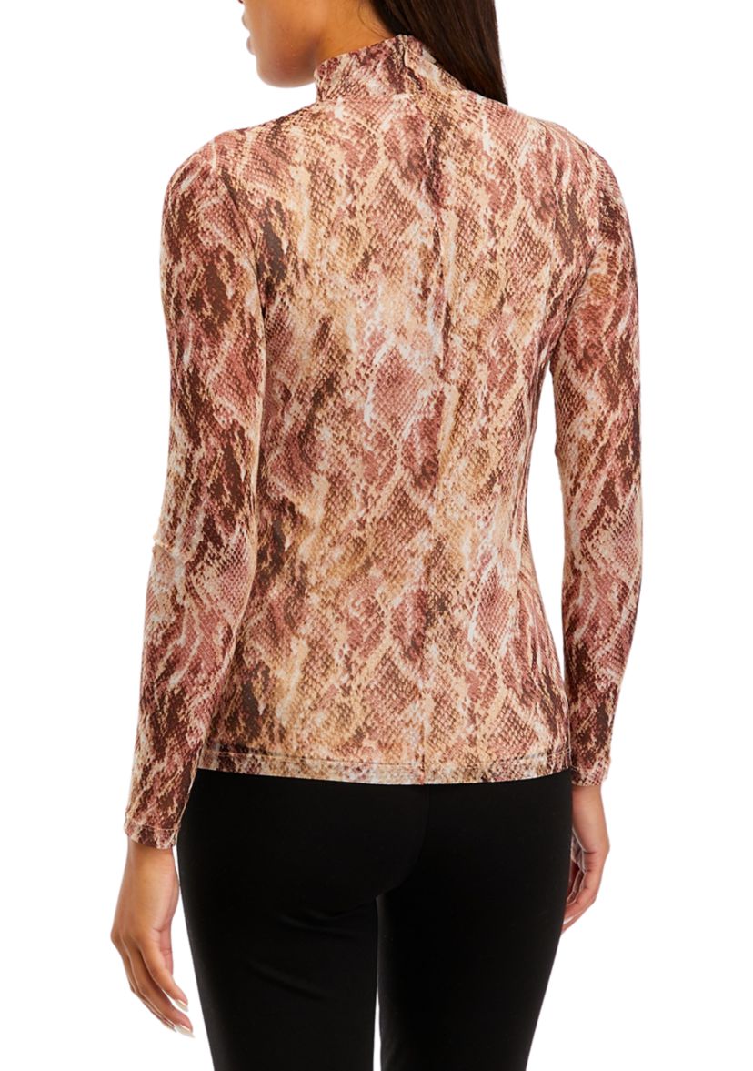 Womens Printed Mesh Long Sleeve Zip Back Mock Neck Top
