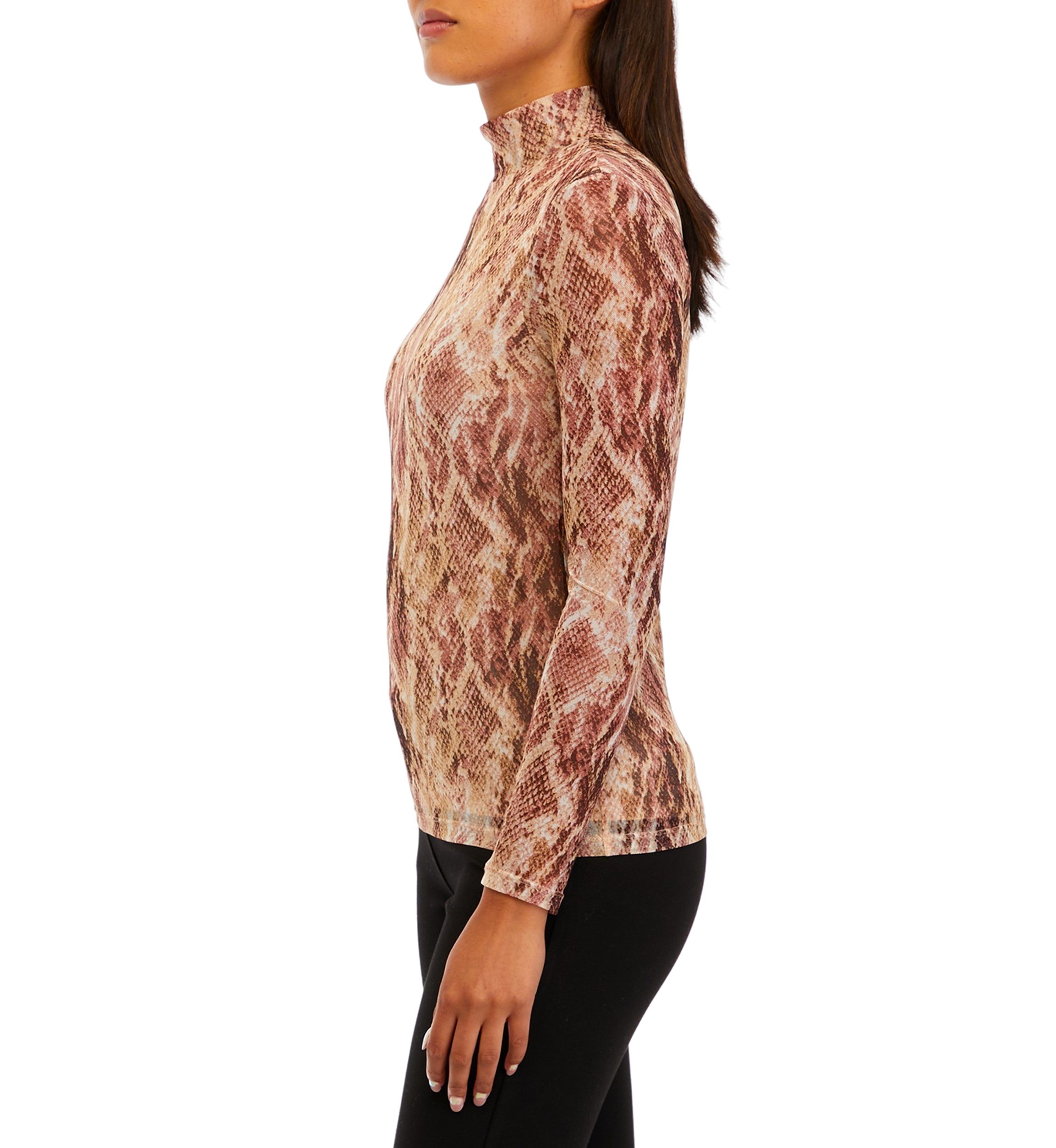 Womens Printed Mesh Long Sleeve Zip Back Mock Neck Top