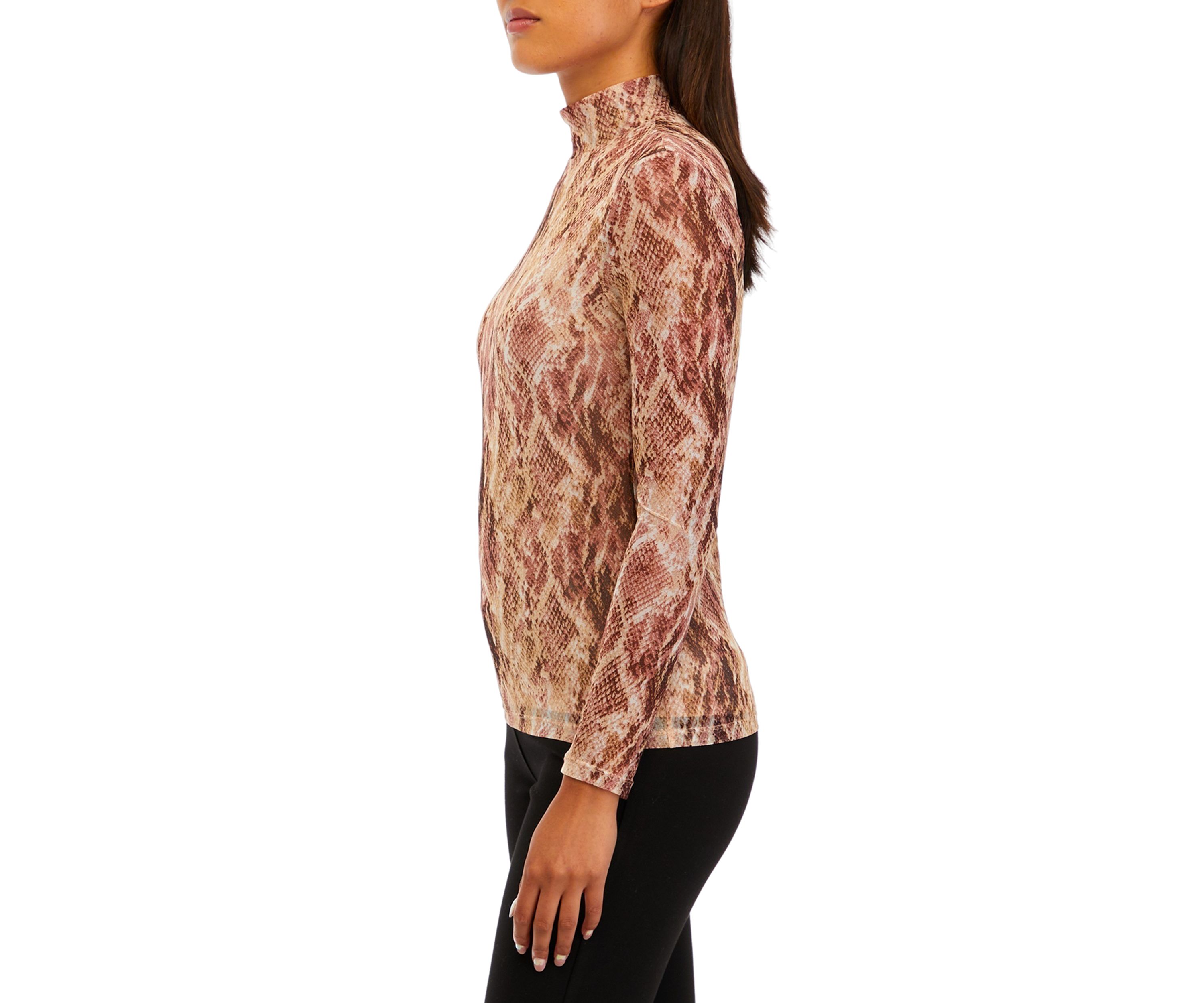 Womens Printed Mesh Long Sleeve Zip Back Mock Neck Top